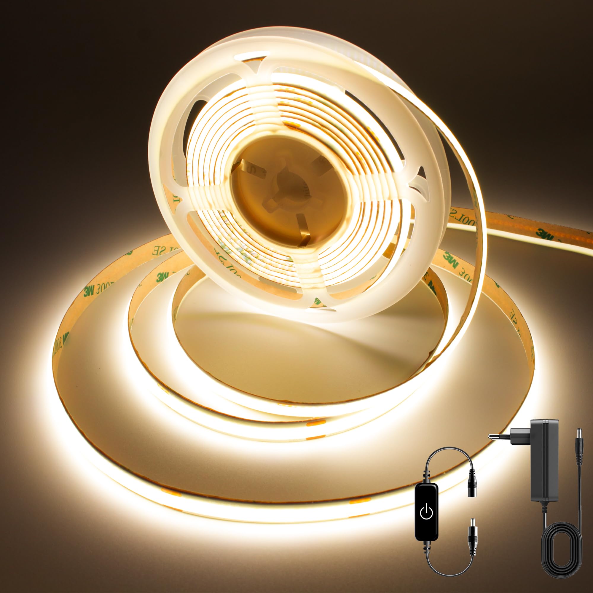 FUIQI COB LED Strip Light 3M - 24V Dimmable Dotless Tape with Touch Controller 3000K Warm White Power Supply - for Kitchen Cabinet Wardrobe Mirror Bookshelf CRI 90 8mm Wide Self-Adhesive Ribbon — image 1