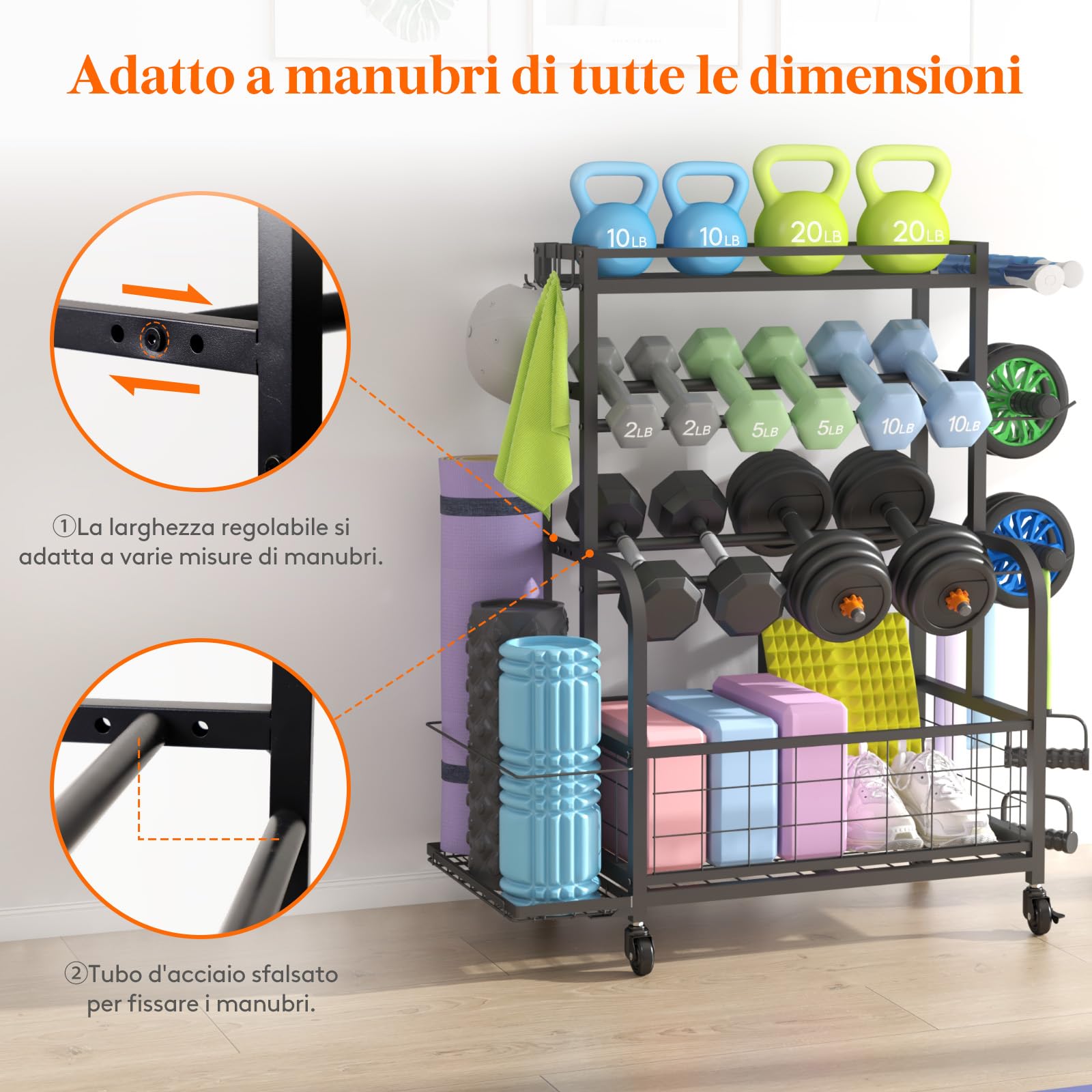 Lifewit Rastrelliera per Manubri con Ruote, per Kettlebell, Tappetini da Bodybuilding, Attrezzi per lo Yoga, per Palestra Domestica, Casa, Garage, Palestra Multiuso, 91 cm di Altezza