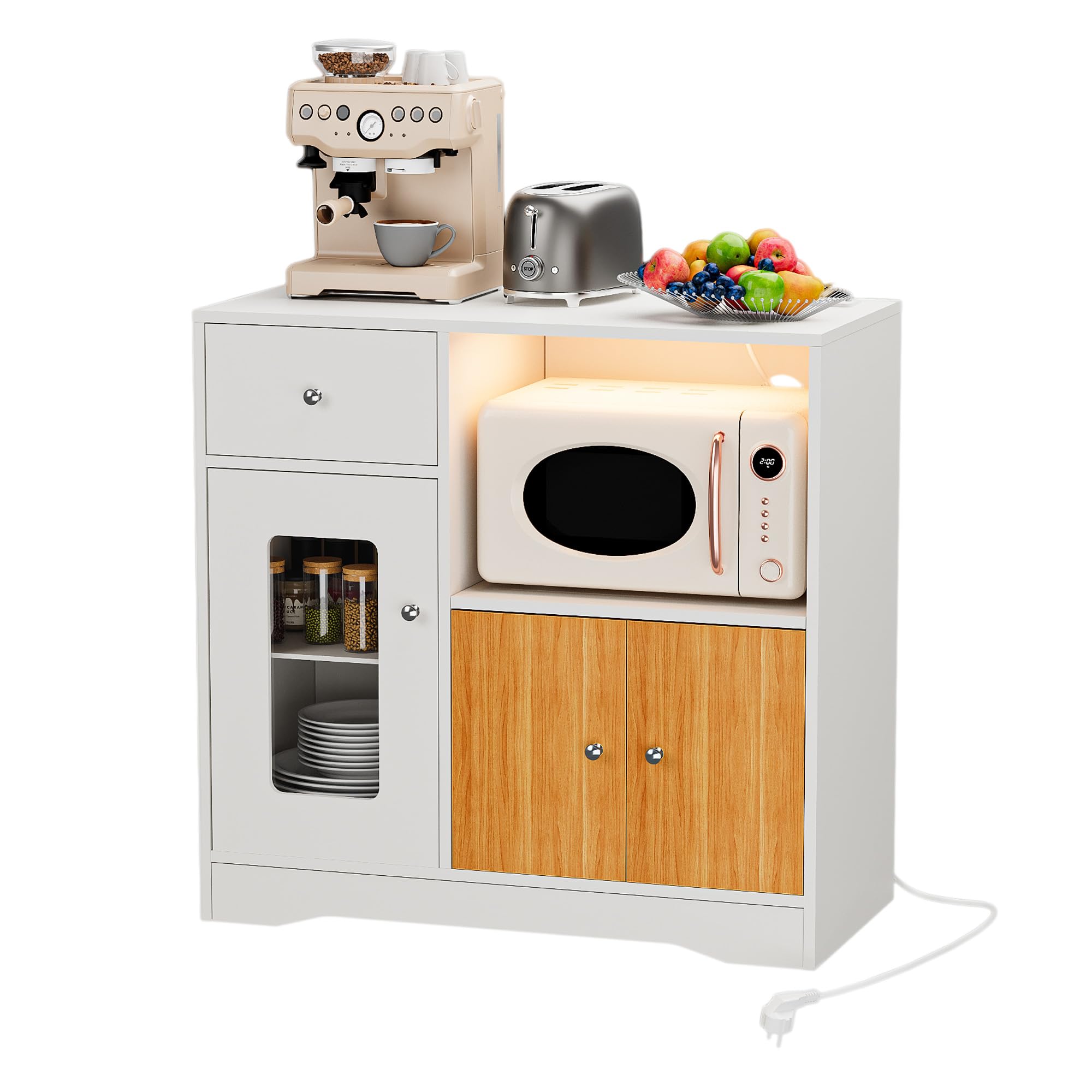 Küchenschrank mit mit RGB LED & 2AC/2USB, Buffetschrank mit Mikrowellenregal & Verstellbaren Ablagen, Sideboard mit Arbeitsplatte & Schubladen für Wohnzimmer Küche (83x40x80cm,Braun und Weiß）