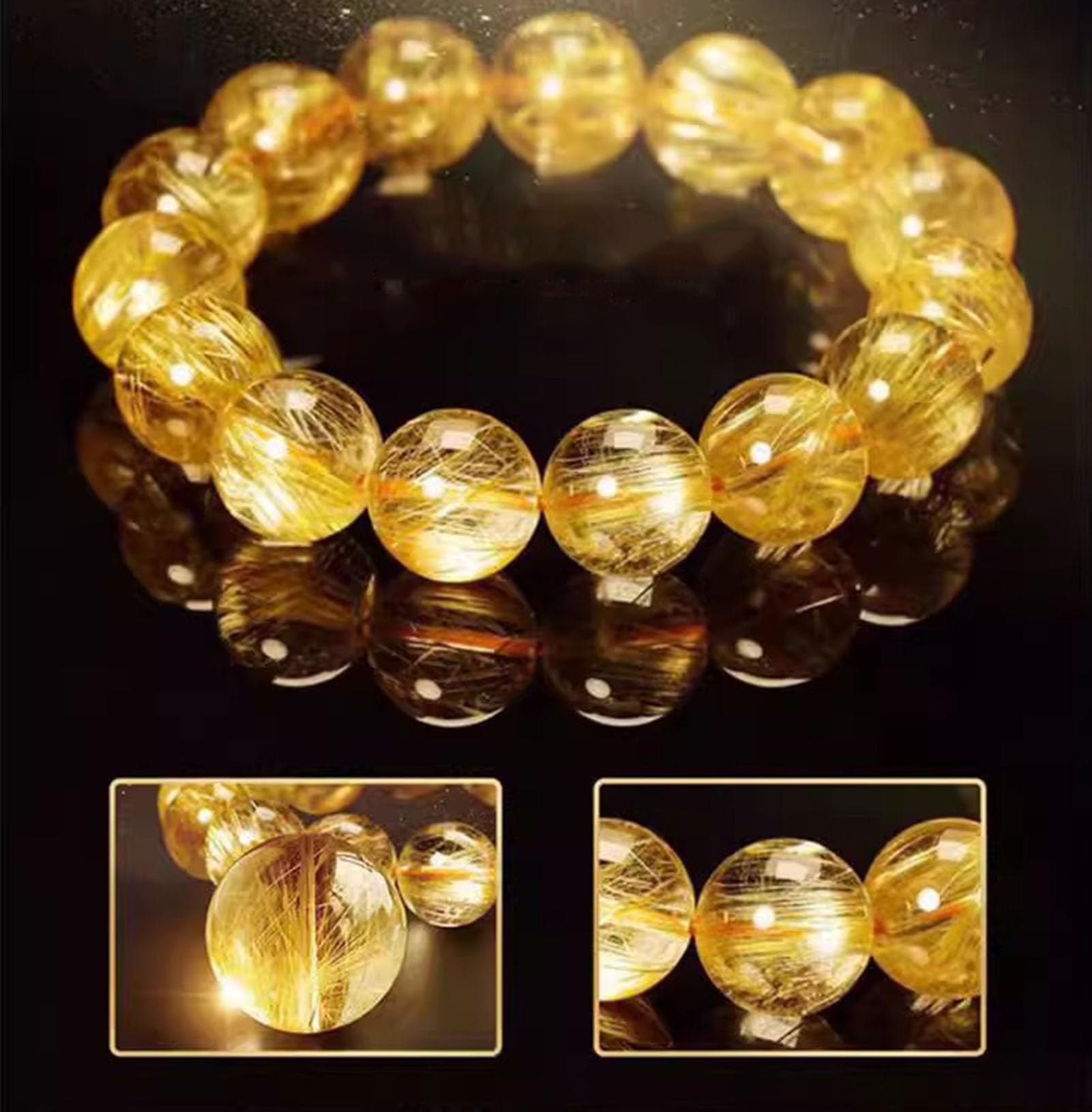 Bracciale in cristallo rutilato dorato naturale, gioielli Chakra di energia | Bracciale unisex per meditazione curativa, prosperità, regalo e fortuna, cristallo chiaro e luminoso, energia spirituale