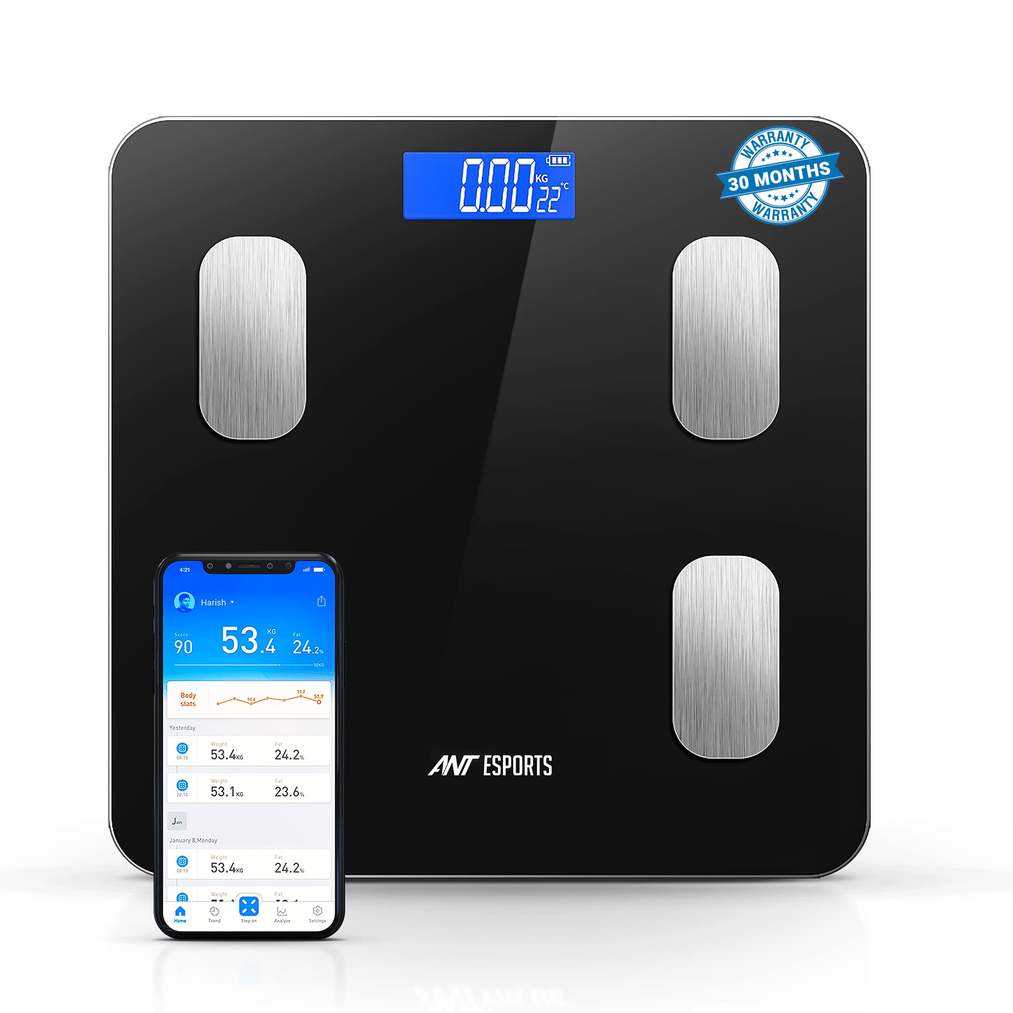 Ant Esports Flora Smart Scale for Body Weight and Fat, Digital Bathroom Scale Accurate to 0.1kg Weighing Machine for People’s Muscle BMI, Bluetooth Electronic Body Composition Monitor, 180Kg – Black (B0BXDPDXS4) Amazon Price History, Amazon Price Tracker
