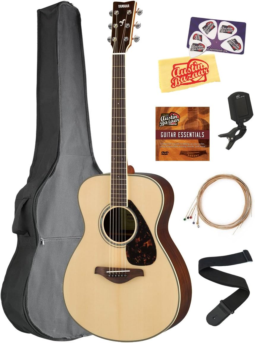 Yamaha FS830 Solid Top Small Body Acoustic Guitar - Natural Bundle with Gig Bag, Tuner, Strings, Strap, Picks, Austin Bazaar Instructional DVD, and Polishing Cloth