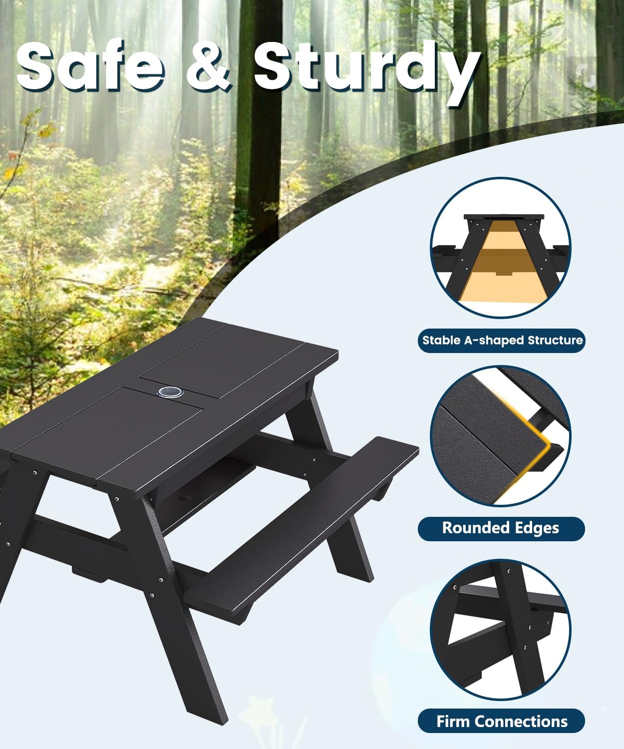 FOOWIN Kids 3-in-1 Sand & Water Table,HDPE Outdoor Convertible Picnic Table w/Detachable Tabletop,for Outdoor Backyard Patio Play Black