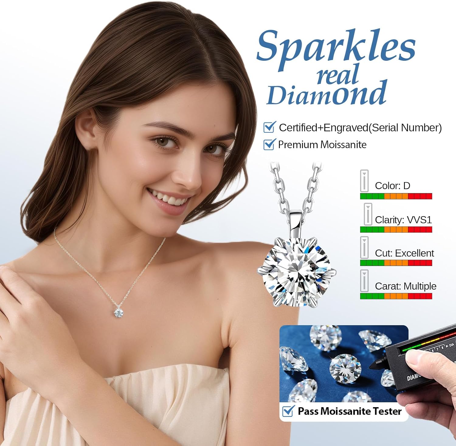 Moissanite Solitaire Necklace for Women, 1–3 Carat Lab Diamond, D Color VVS1, Crown Hollow Side & Heart Back, 925 Silver 17+2" Chain, Gift for Wife, Mom, Girlfriend or Yourself on Anniversary Birthday Wedding - Image 2