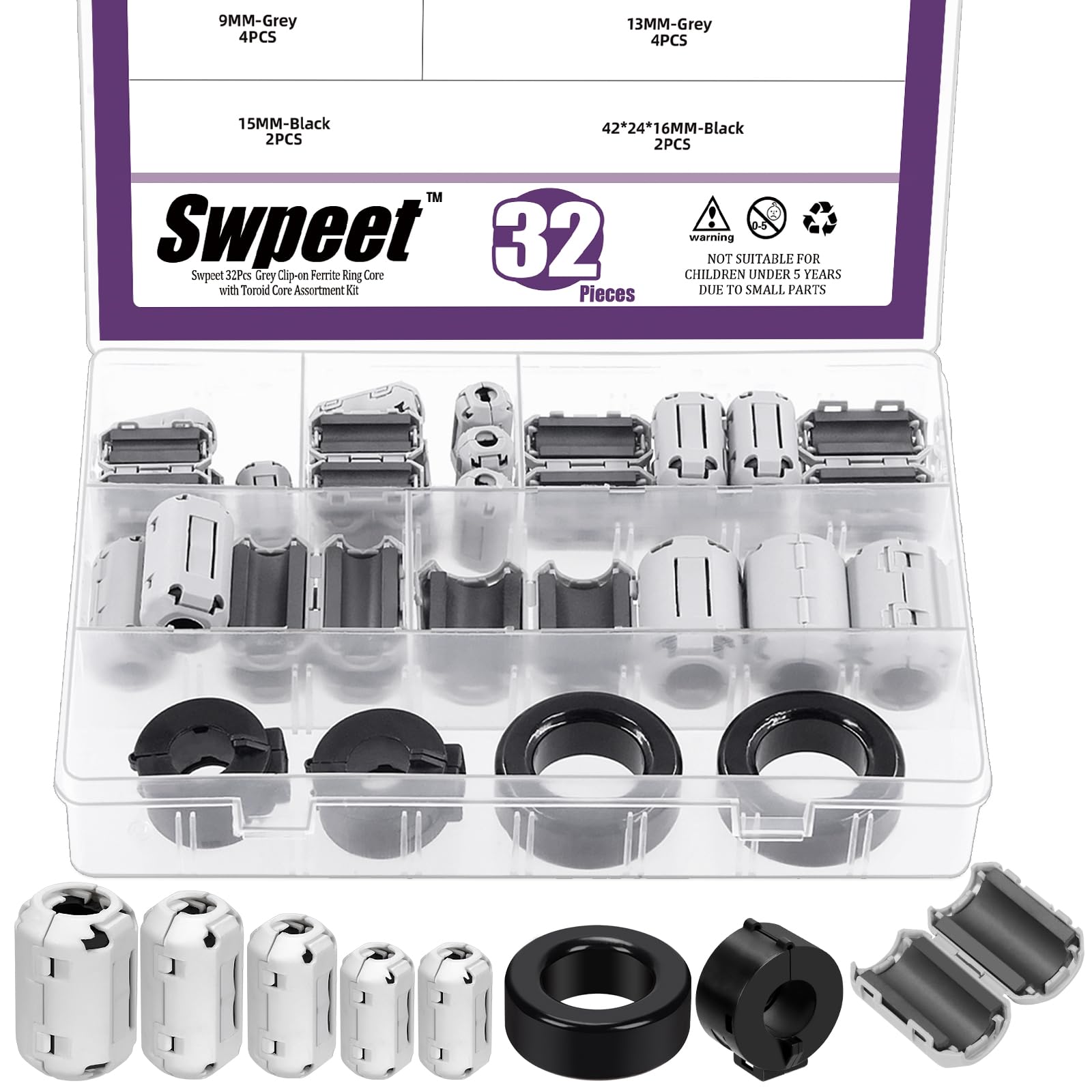 Swpeet 32pcs 7 Größen Grau Clip-on Ferrit Ring Kern mit Toroid Kern Sortiment Kit, RFI EMI Geräuschdämpfer Kabel Clip für 3,5/5/7/9/13/15/42 * 24 * 16mm Durchmesser HDMI USB Kabel