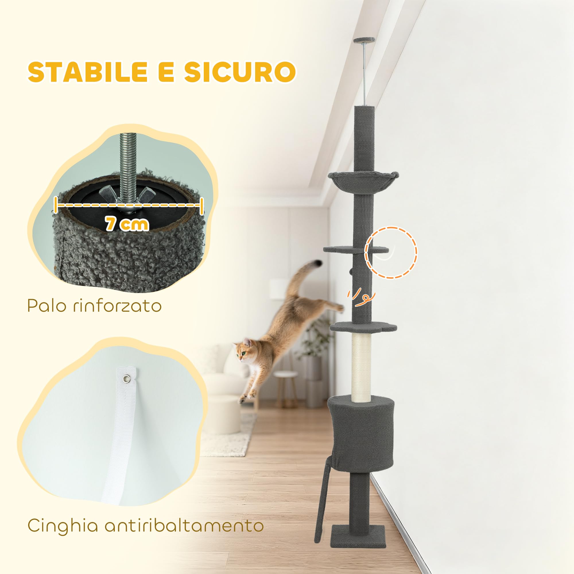 PawHut Albero per Gatti a Soffitto 5 in 1 Alto 220-240 cm, Torre per Gatti con Amaca, Casetta, Piattaforme a Fiore e Pali in Sisal, per Gatti fino 5 kg e Gattini, Grigio Scuro