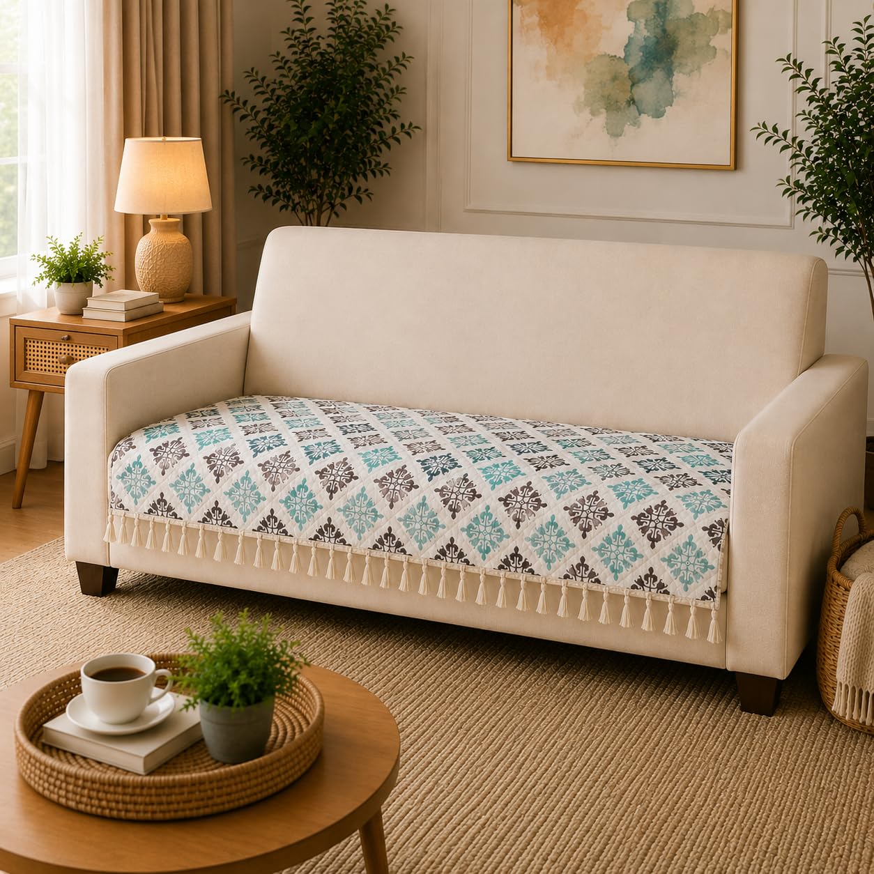Quilted 3 Seater Printed Velvet Sofa Seat Cover with Tassels | Quatrefoil Lattice Design| Washable Sofa Protector for Living Room-Turquoise Blue-image-4
