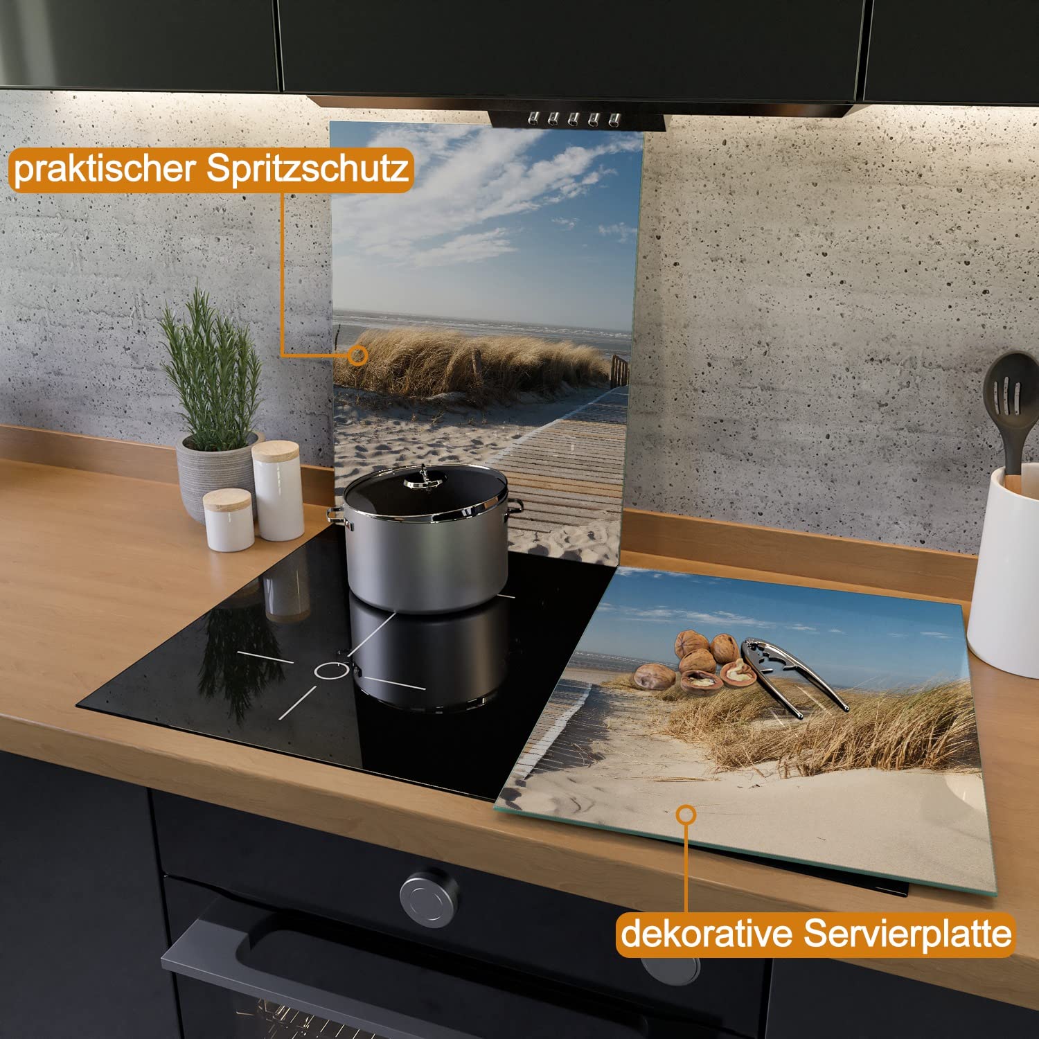 Wallario Herdabdeckplatte/Spritzschutz aus Glas, 2-teilig, 80x52cm, für Ceran- und Induktionsherde, Auf dem Holzweg zum Strand
