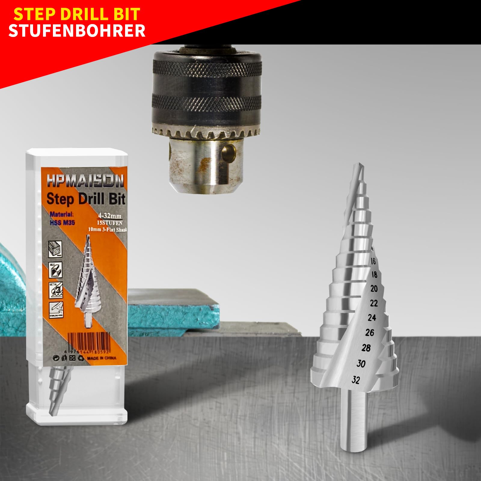HPMAISON Fresa a gradini M35, cobalto, 10 mm, 3 fusto piatto, HSS 5% cobalto (4-32 mm, 15 livelli), a spirale argentata, scanalata, cono, fresa per acciaio inossidabile, metallo duro, legno, plastica