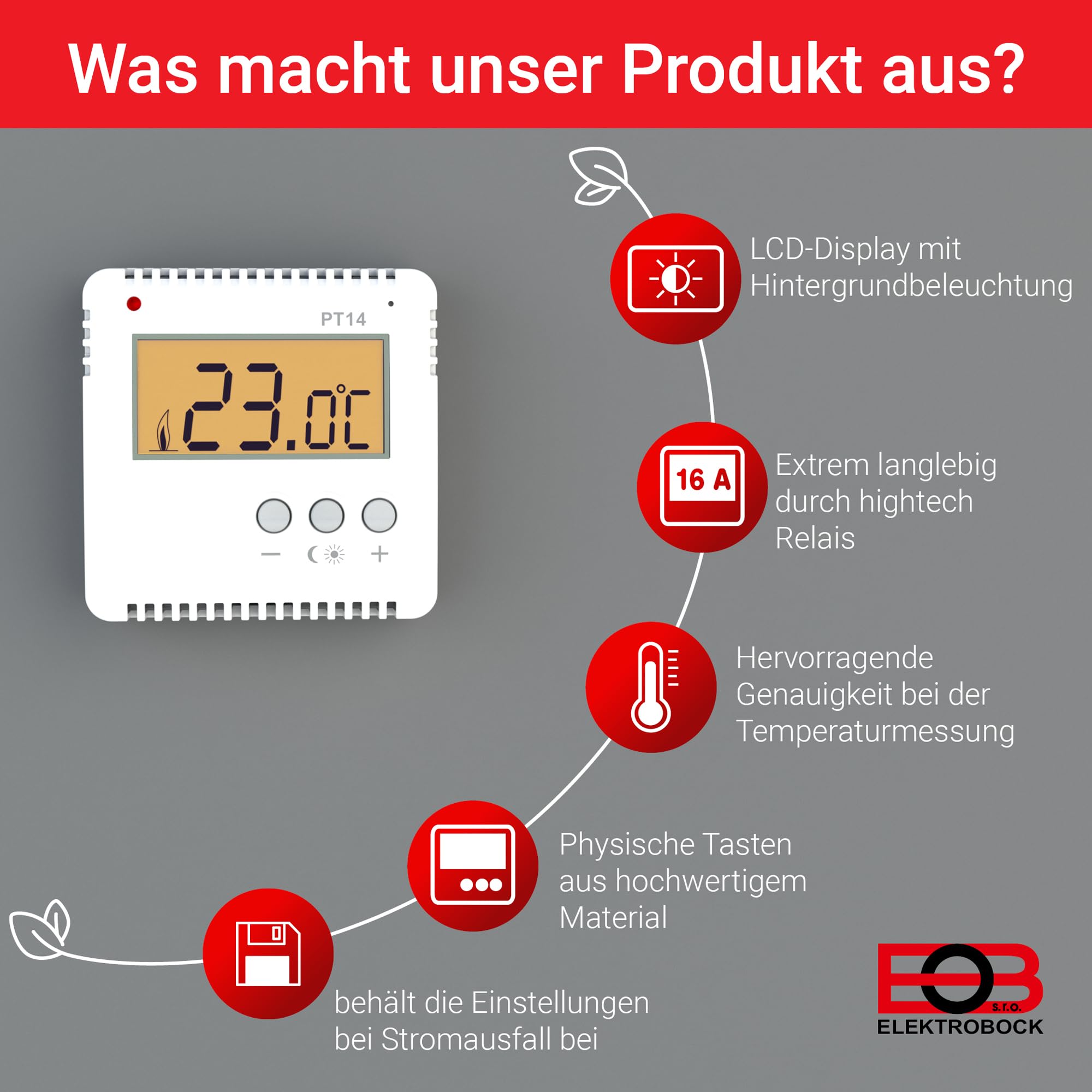 ELEKTROBOCK PT14 Digitaler Raumthermostat 230V | Ein Knopfdruck - Temperaturwechsel | kein programmieren notwendig | großes beleuchtetes LCD Display | Wandthermostat für elektrische Heizungen