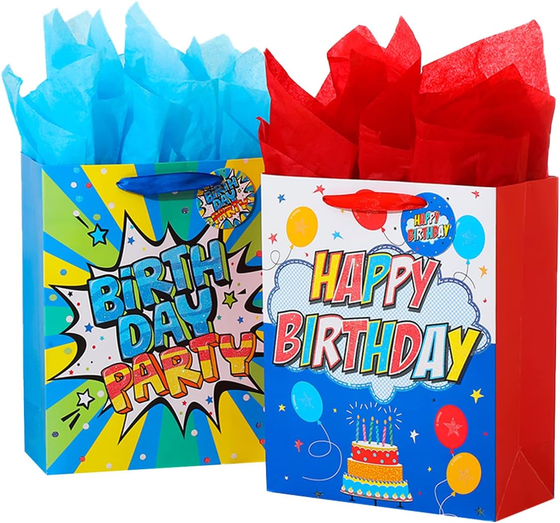 Vammy13" Large Birthday Gift Bag with Tissue Paper, 2 Pack Happy Birthday Paper Gift Bags (Fireworks Birthday Party, Colorful Cake Candle) for Birthday Party