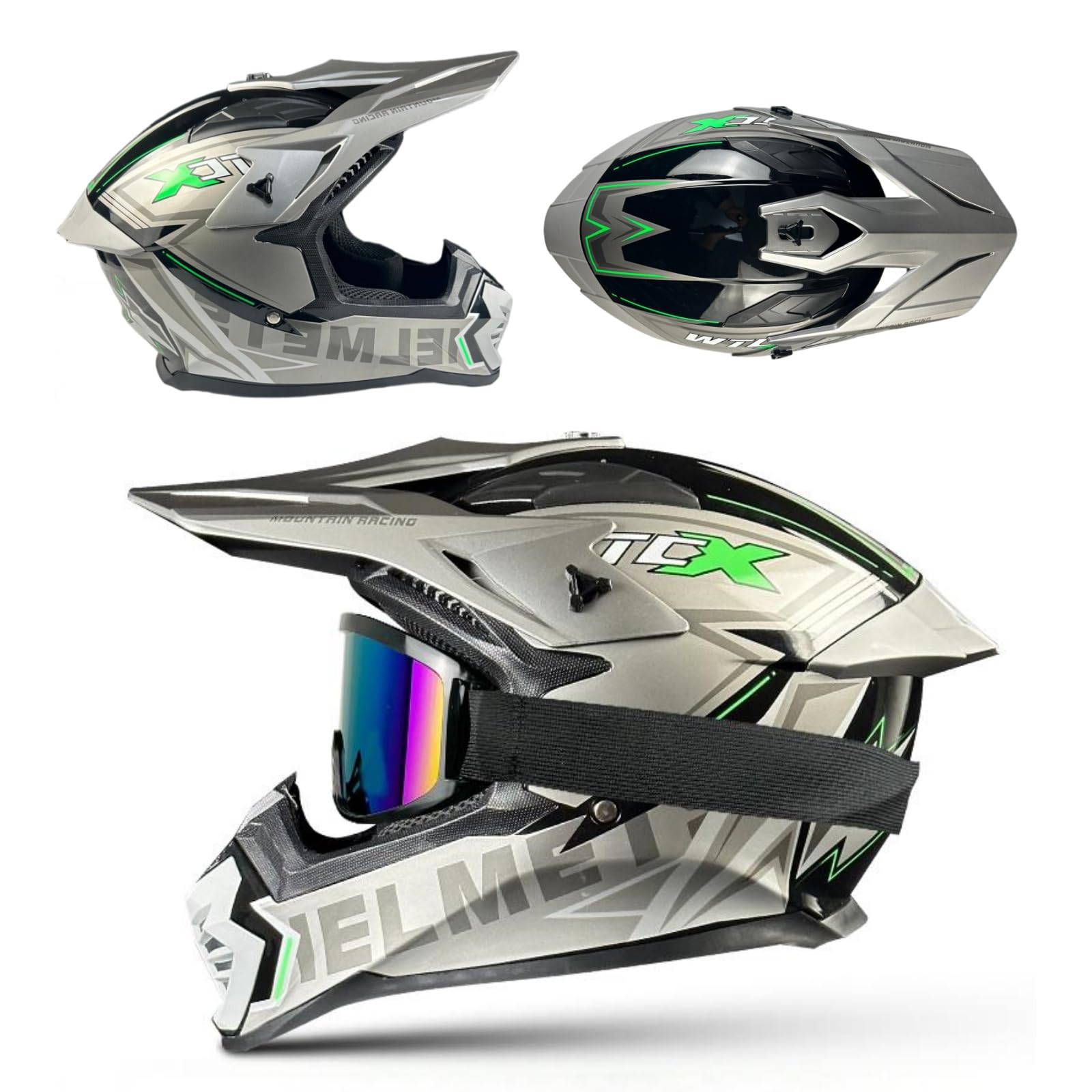 Casque Intégral pour Motocross et VTT, Casque Cross pour Adultes avec Lunettes, Masque et Gants, Casque Full Face Moto Downhill ATV Incluant 3 Garnitures de Différentes Tailles