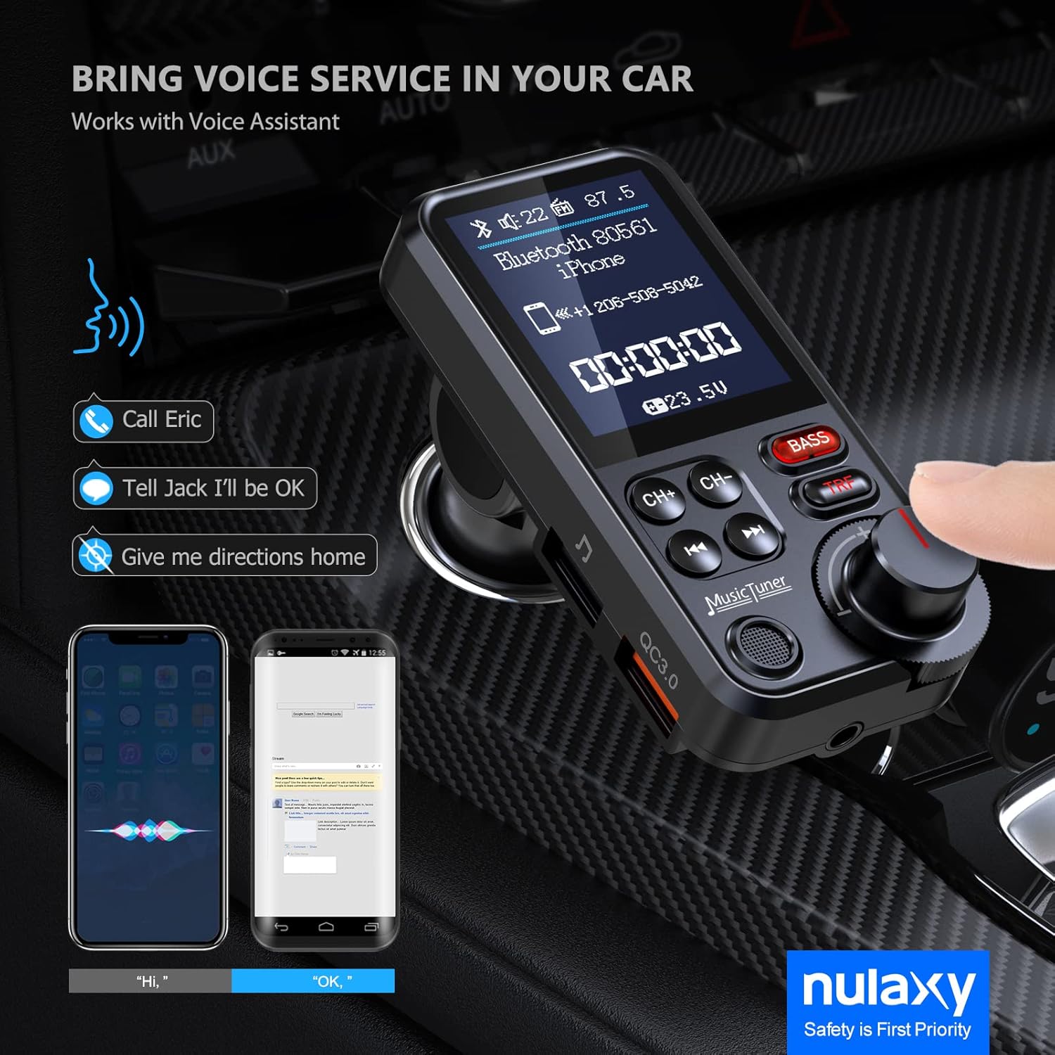 Amazon Crazy 🔥 Deals Nulaxy FM Bluetooth Transmitter for car, Strong Microphone Bluetooth Car Adapter with 1.8 Color Screen for Hands Free Calls, Supports QC3.0 Charging, Treble and Bass Sound Music Player- KM30