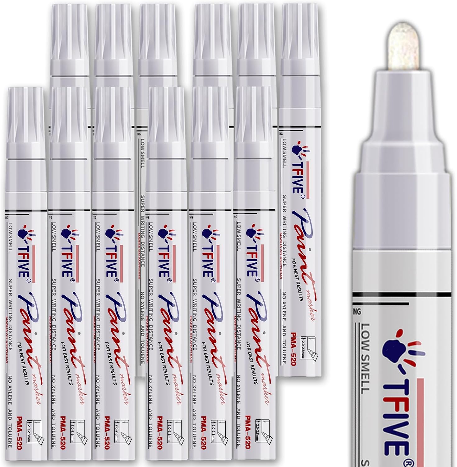 TFIVE White Paint Pens Markers - 12 Pack Oil Based Permanent Marker, Medium Tip, Never Fade, Quick Dry, Waterproof Paint Pen for Rock Painting, Wood, Plastic, Canvas, Glass, Metal, Rubber