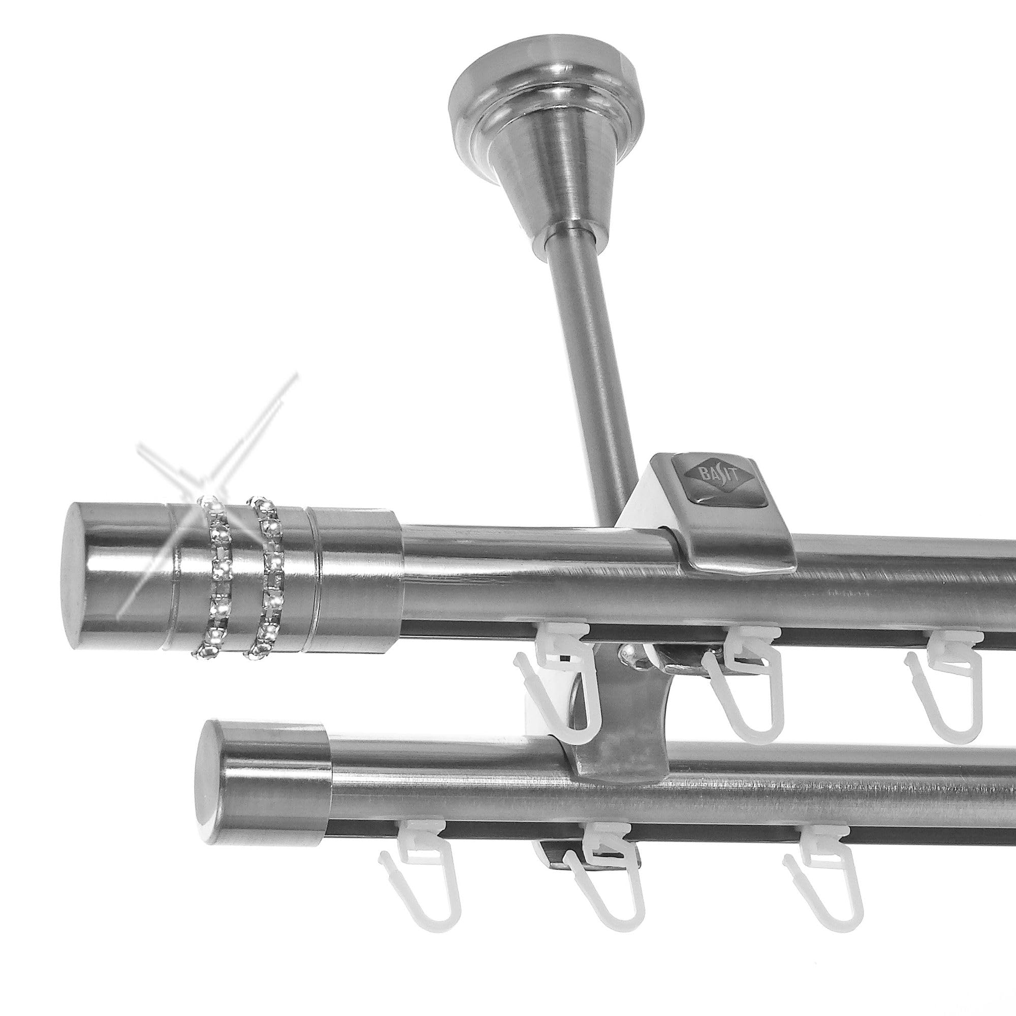 BASIT Gardinenstange Innenlauf Edelstahllook 20mm 2-läufig Decke 320cm D61 | Gardinenstangenset doppelläufig Deckenmontage Metall Vorhangstange Deckenhalterung 120-600cm wählbar Kappe mit Kristall E80