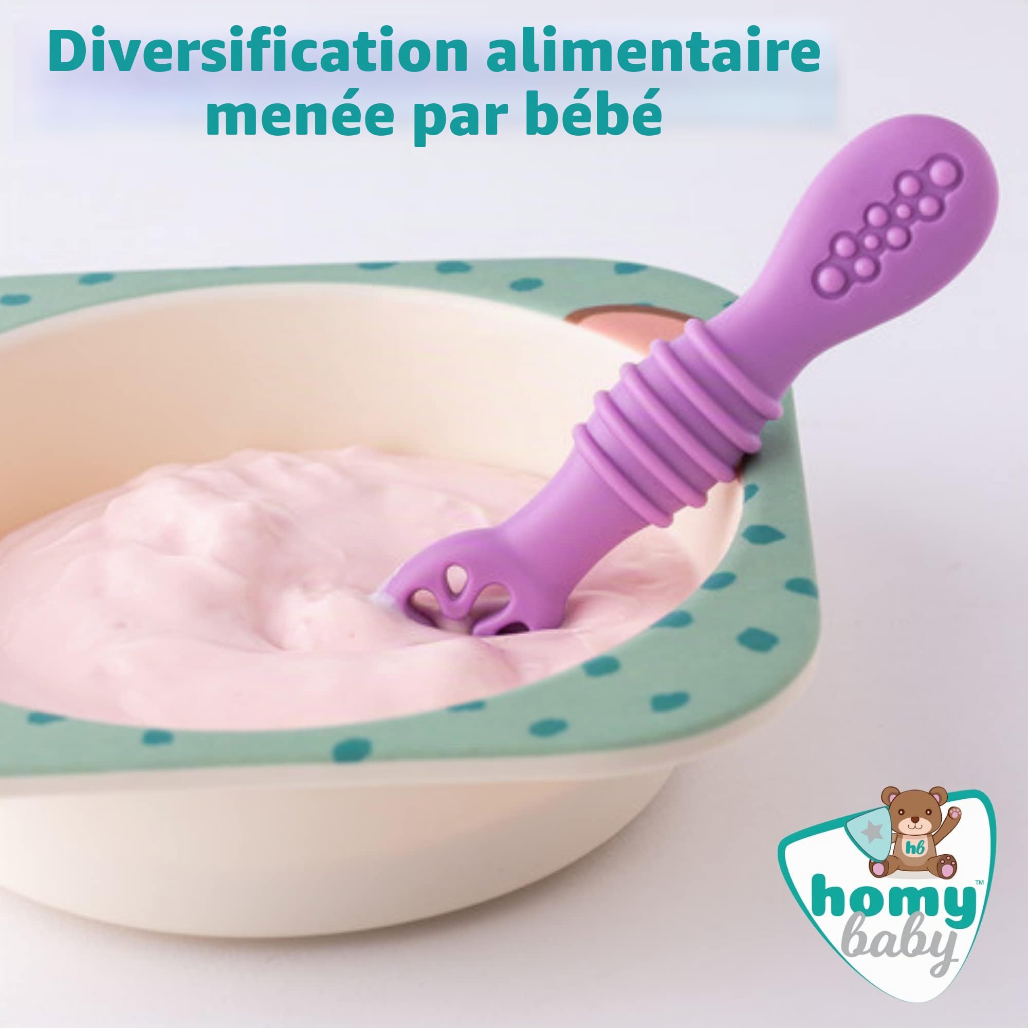 HOMYBABY® Cuilleres Bebe 1er Age - Cuillere Bébé Apprentissage en Silicone Alimentaire LFGB - Pre Cuillere DME bebe - Couverts Adaptés à la Dentition
