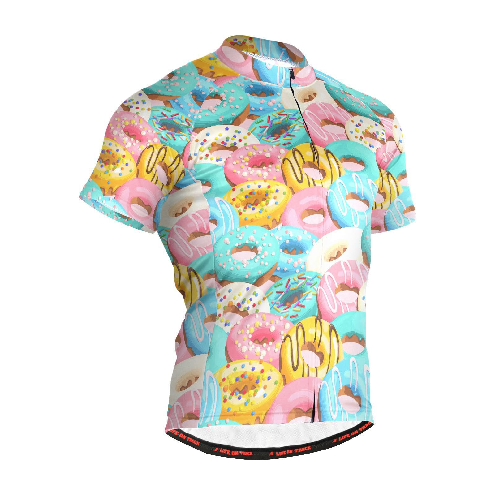 JHKKU Men's Cycling Jersey Colorful Donuts Bike Clothing Biking Shirt Full Zip with 3 Rear Pockets L