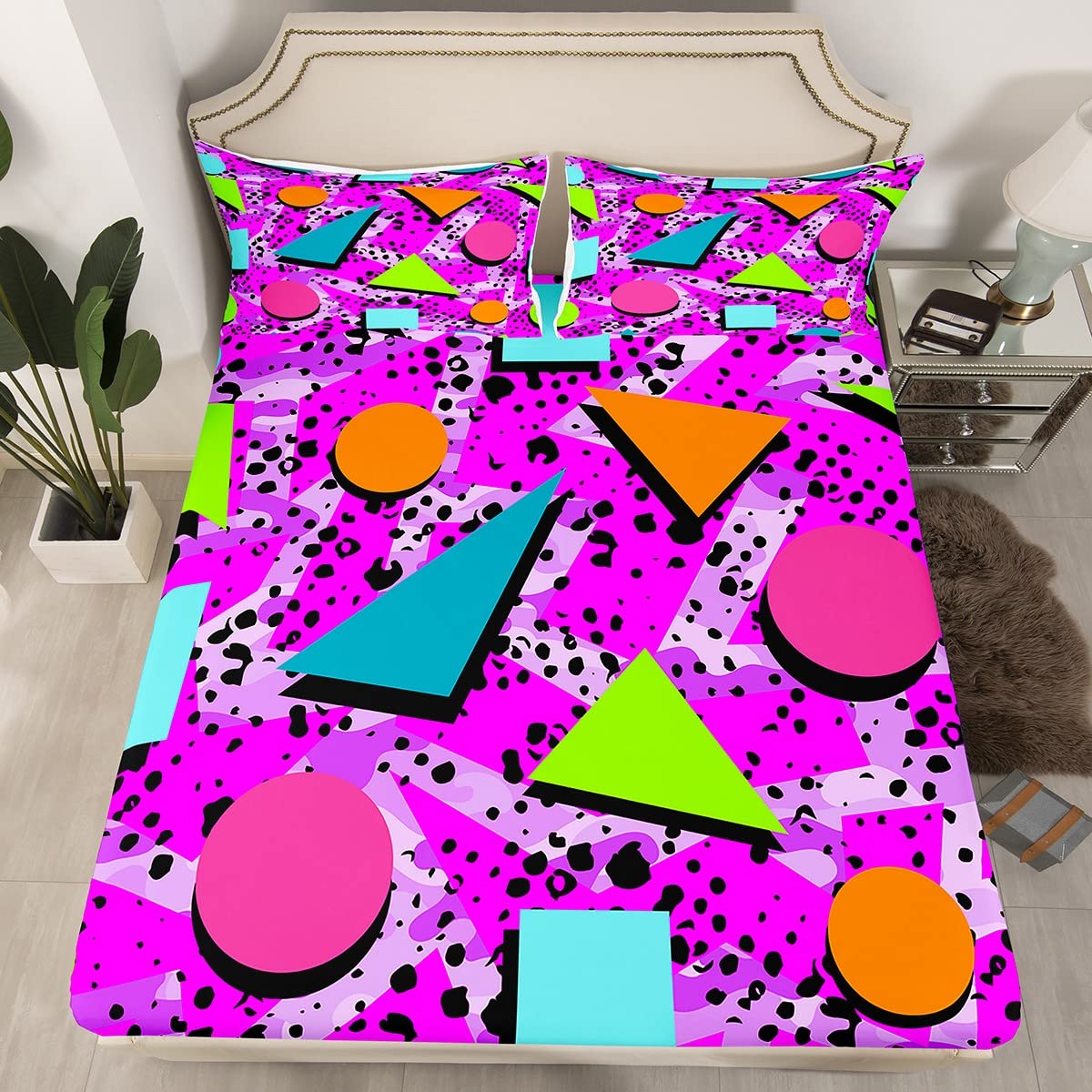 80s 90S Fashion Style Sheet Set Twin Size,Retro Memphis Style Pattern with Geometrical Shapes Bed Sheets for Kids Child,Funky Hipster Old Fashioned Fitted Sheet Geometric Bedroom Decor