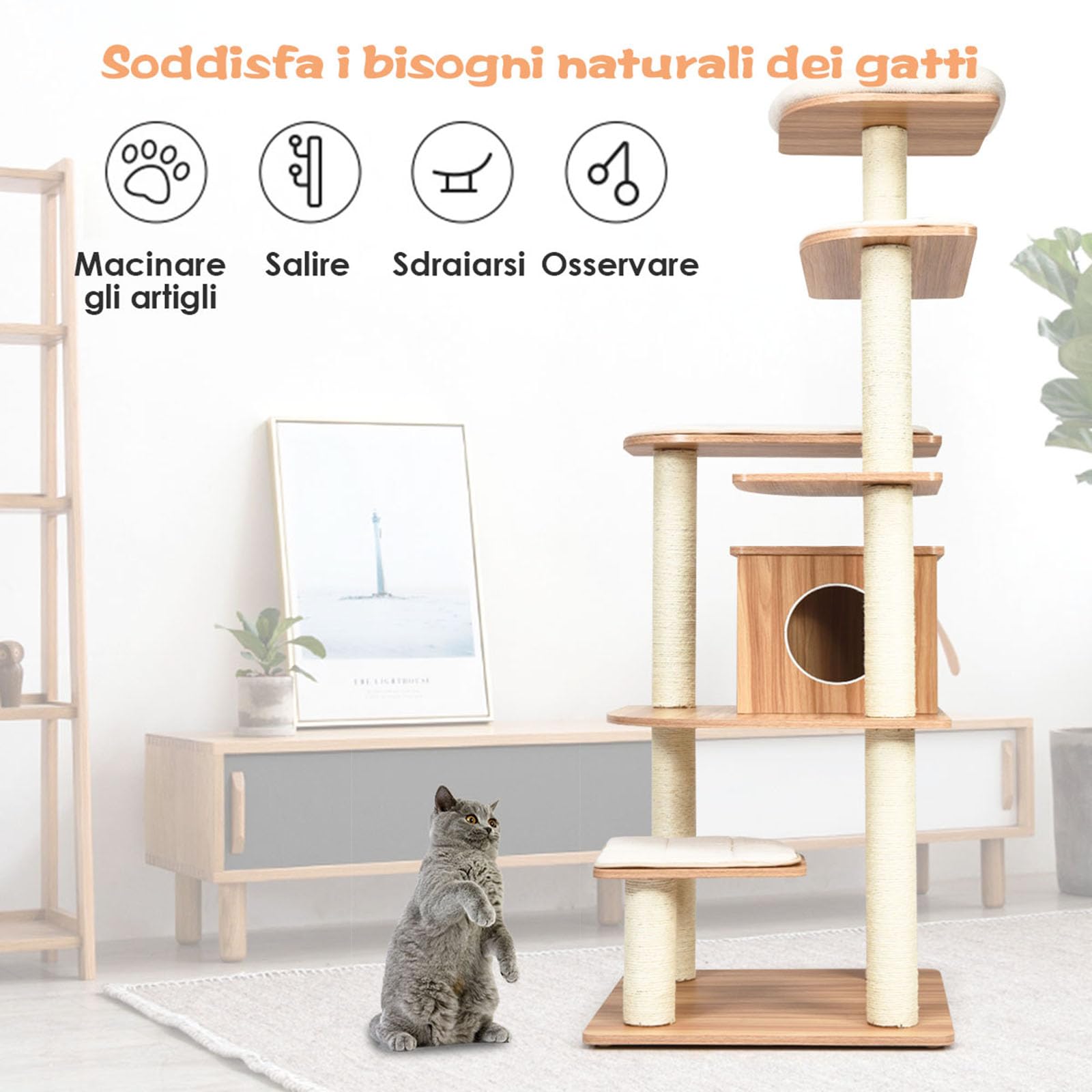 COSTWAY Tiragraffi per Gatti 176cm, Albero per Gatti Adulti XXL con Corda Sisal, Cuccia, Piattaforma e Cuscini, 86,5 x 86,5 x 176cm, Nero e Naturale