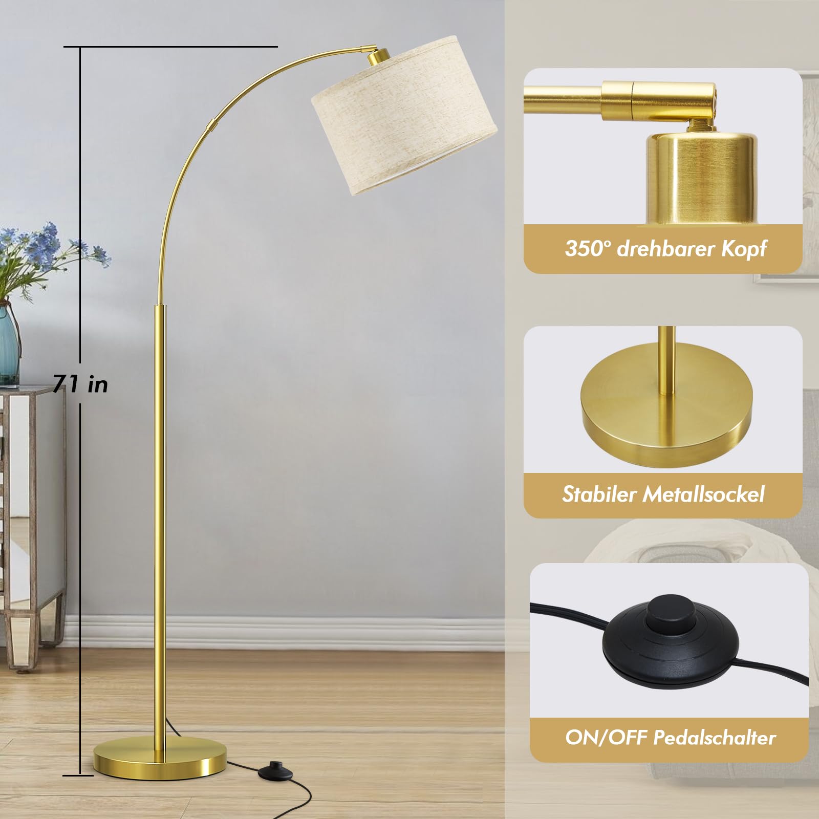 GyroVu Wohnzimmer Stehlampe, 161cm Bogenlampe mit Verstellbarem Lampenkopf & Fußschalter, Moderne Stehlampe mit 3 Farbtemperaturen, Standleuchte für Wohnzimmer Schlafzimmer und Büro Stehleuchte