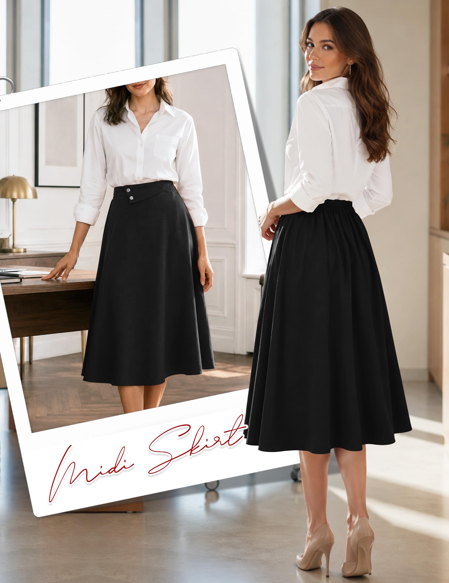 Dressystar Gonna longuette da donna a vita alta con tasche, linea ad A, con elastico in vita, per lavoro e ufficio