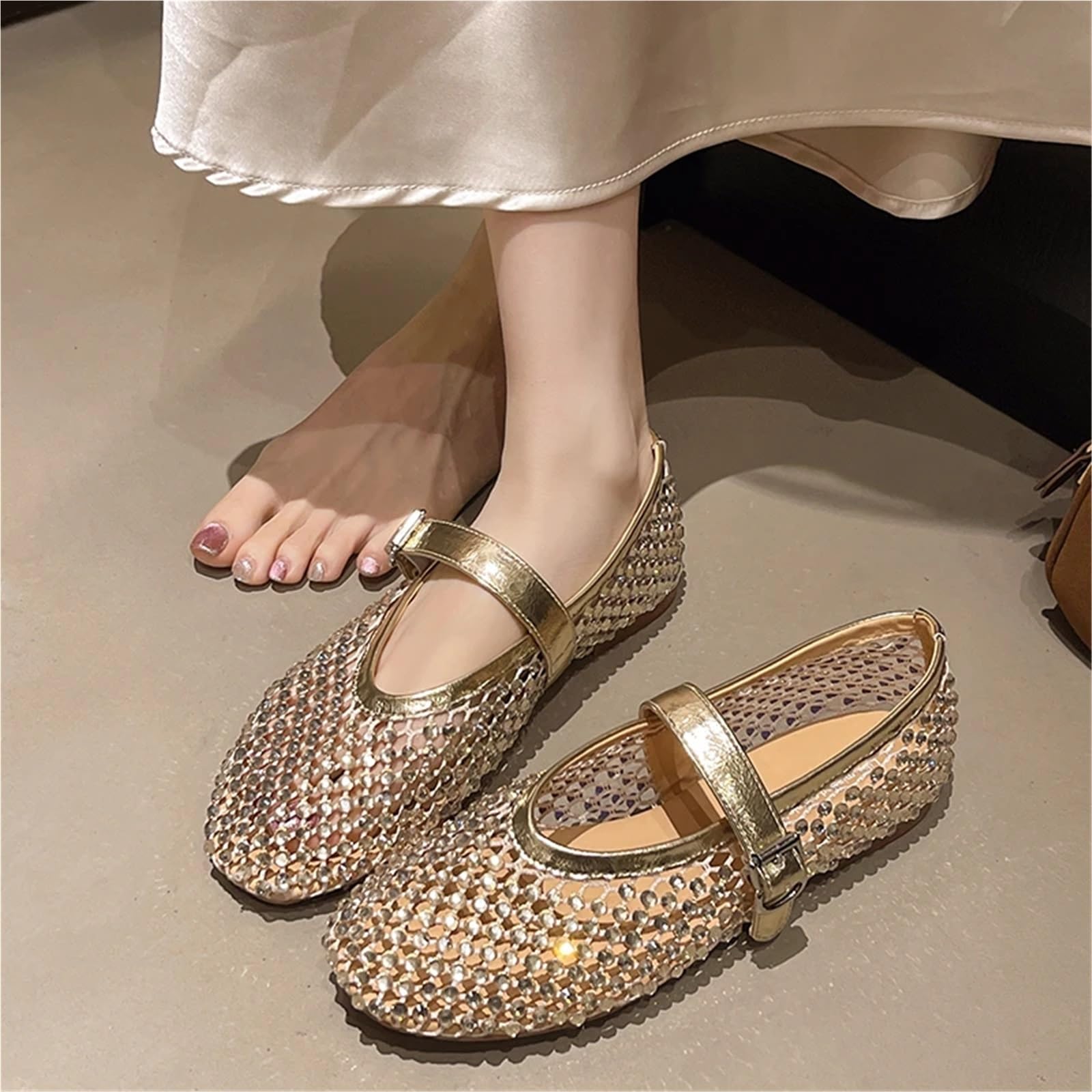 Ballerine a Rete con Strass di Cristallo, Scarpe da Donna Rivetti e, Estate, Taglia Comoda 40 per Donna