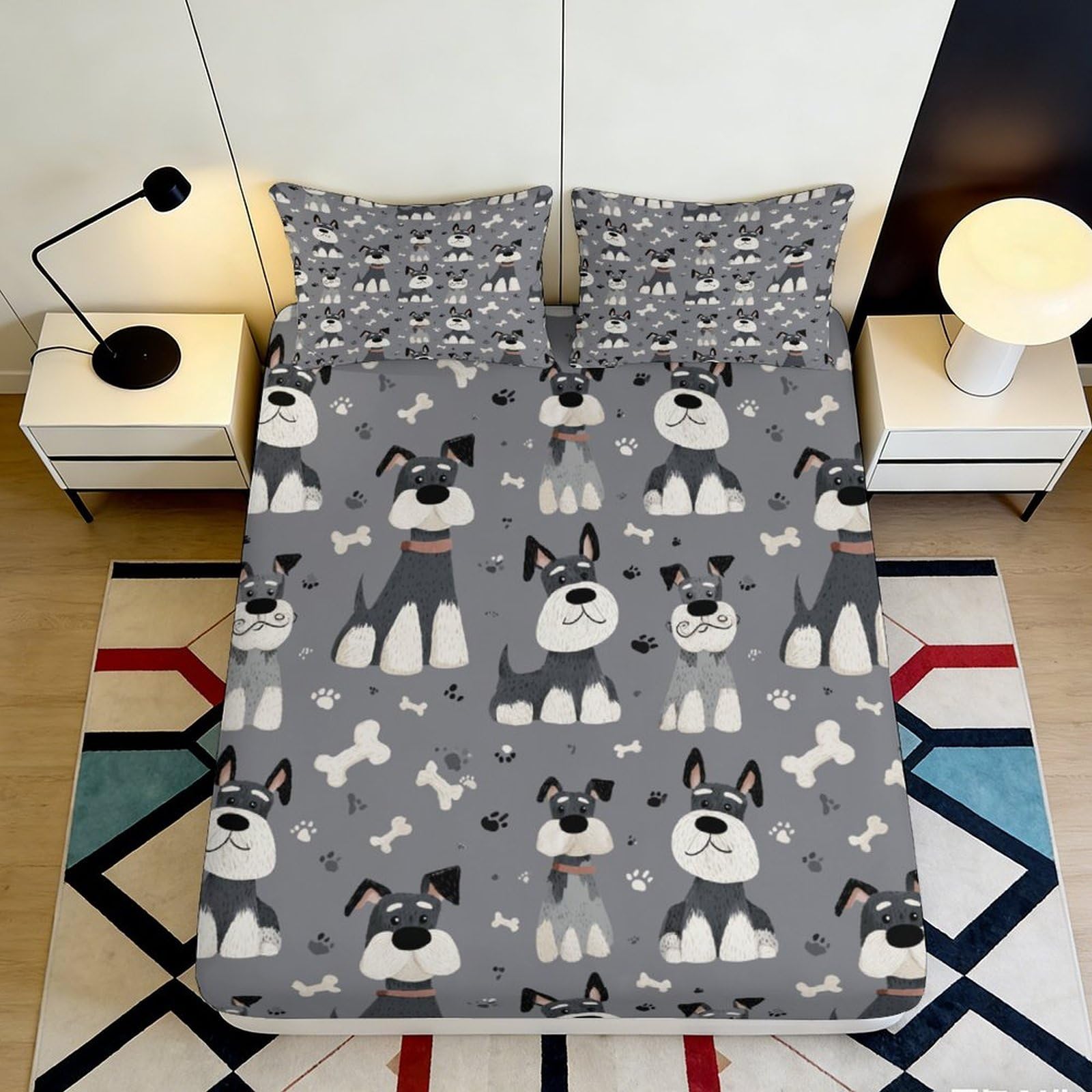 3D Printed Cartoon Schnauzer Fitted Sheet Microfiber Soft Grey Dog Pattern Bed Cover for Bedroom Guest Room Decor 90x200x25cm