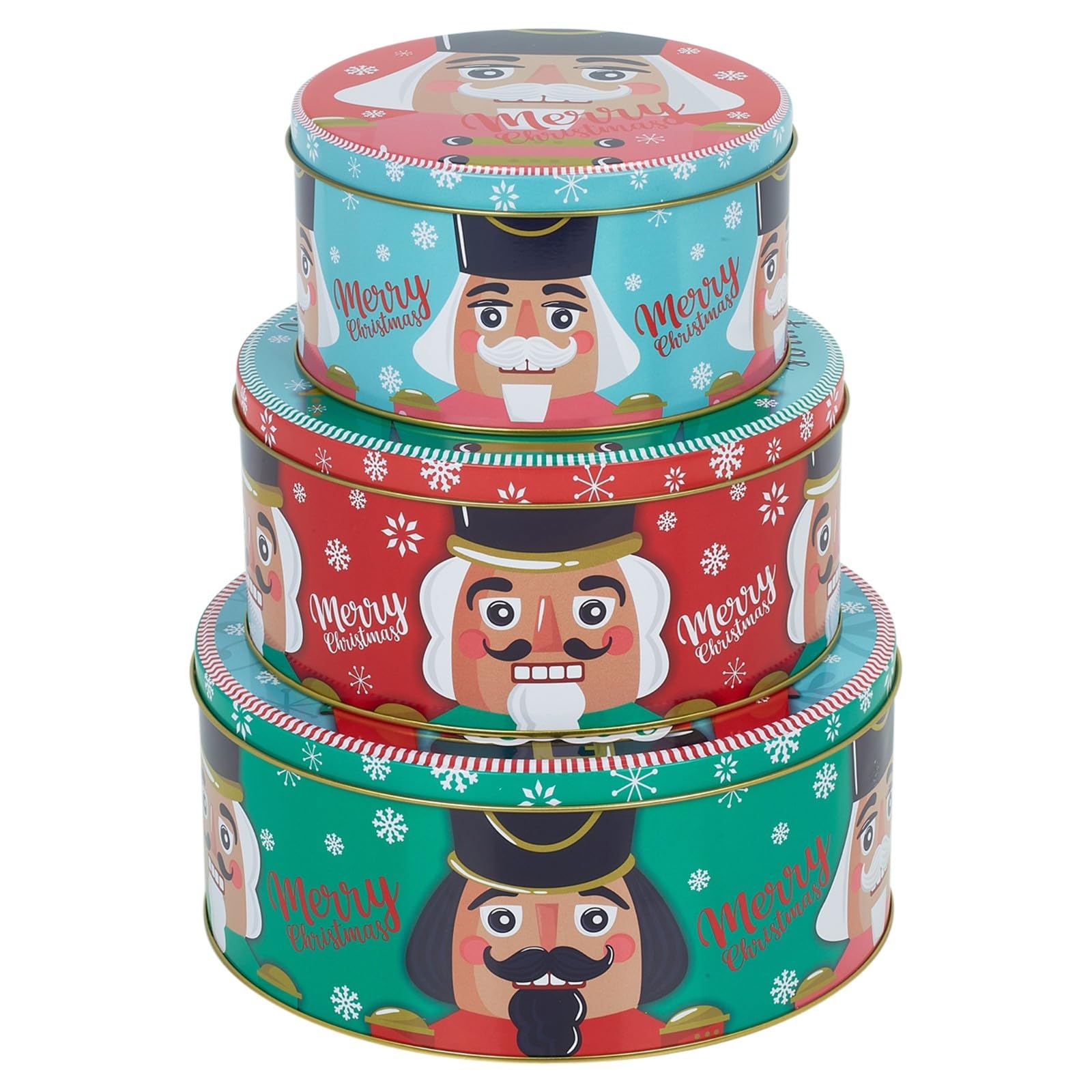 URBN-CHEF 3pcs Christmas Cookie and Cake Xmas Biscuit Storage Nesting Tin Set Square/Round (Round, Nutcracker)