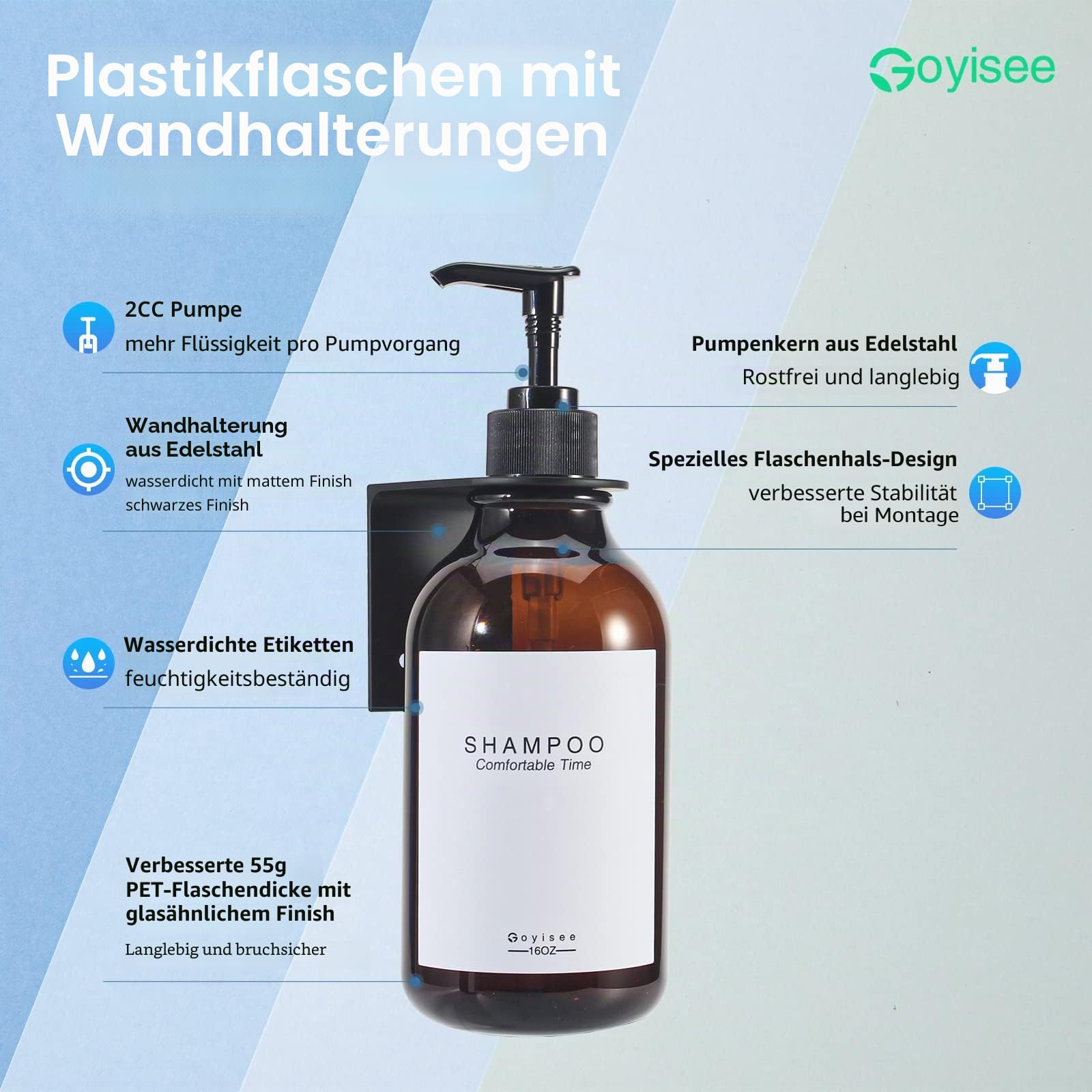 Shampoo und Conditioner Spender für Duschwand 3 Kammer, nachfüllbare Shampoo und Conditioner Flaschen mit wasserdichten Etiketten, Seifenspender mit Pumpen (3 Flaschen 3 Wandhalterungen-Braun)