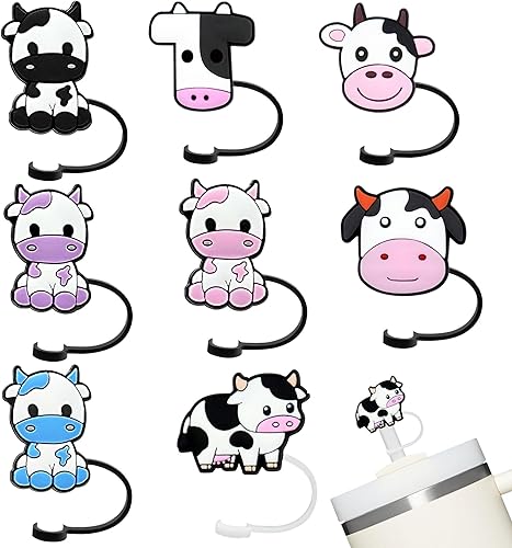 Tapas de popote compatibles con vasos Stanley Cup de 30 y 40 onzas, diseño de vaca linda de 0.394 in, juego de puntas de popote de silicona para