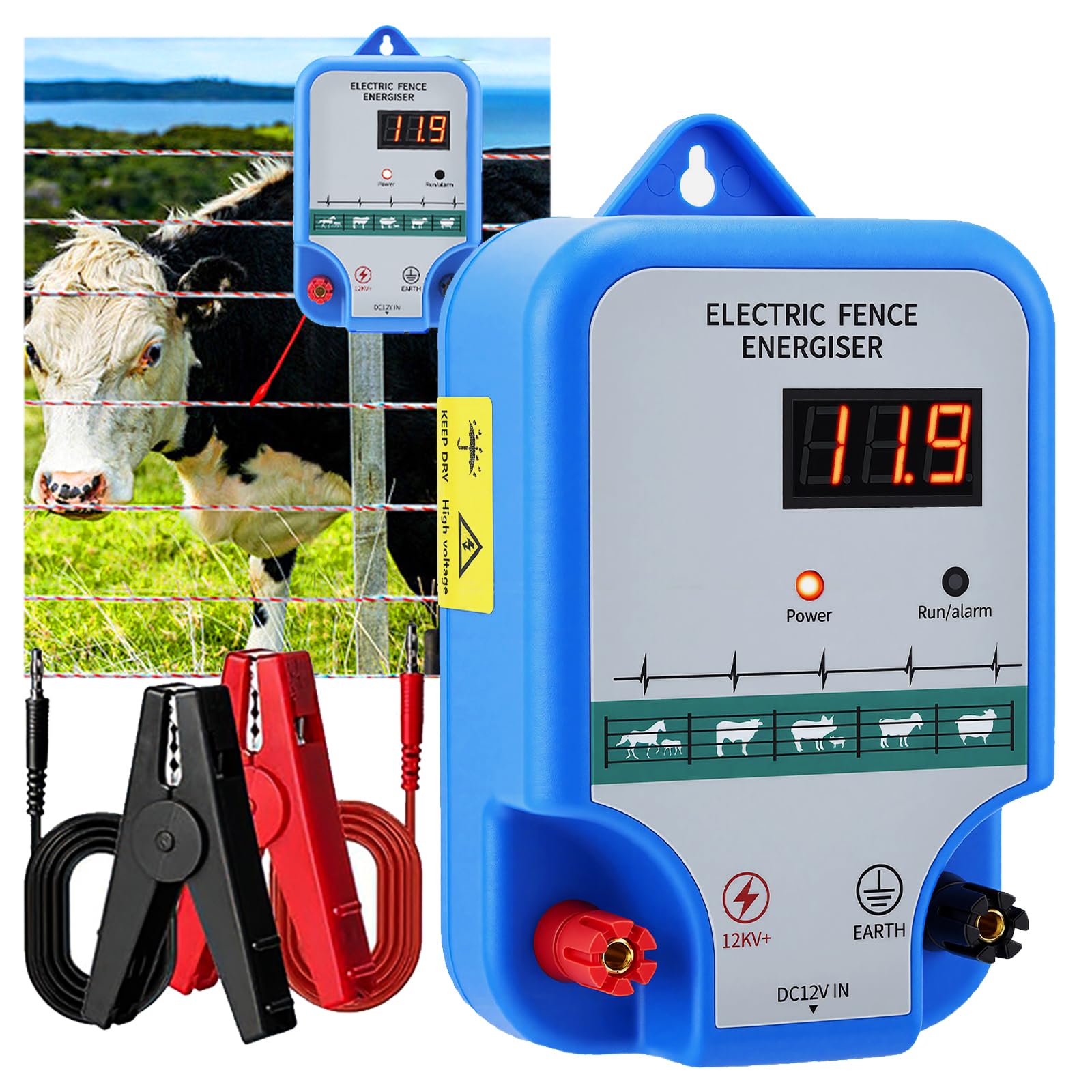 15KM Pastor Electrico 12V, 2.0J de Alta Potencia Pastor Electrico Bateria para Ganado y Animales Cerca Con Pantalla Led Alcance, Para La Protección De Ganado Ovejas Aves De Corral Pastos Jardines