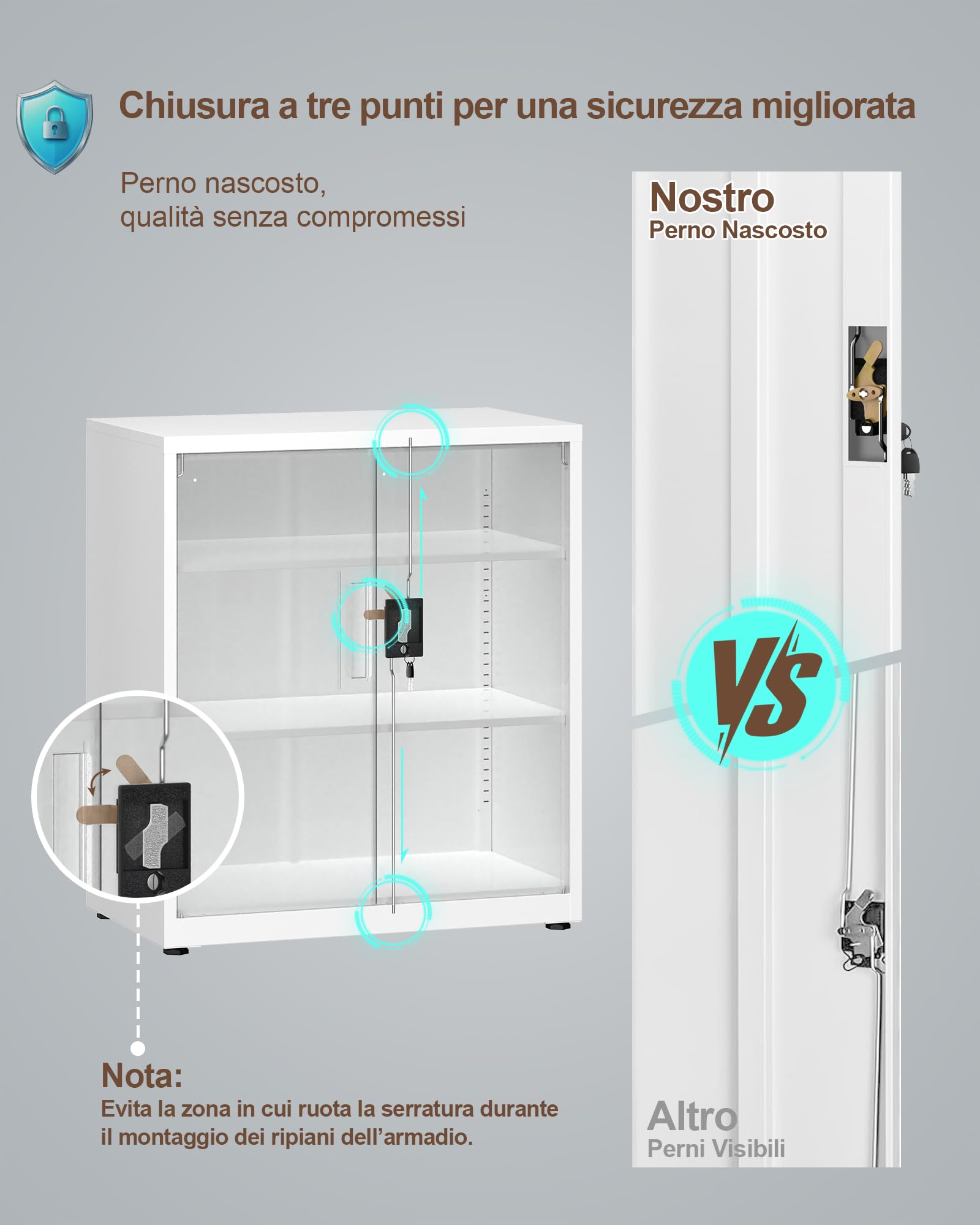 LAND·VOI Armadio in Acciaio 3 Ripiani con Serratura Ripiani Regolabili Ante a Doppia Porta Armadio per Ufficio Mobile in Metallo per Ufficio Garage Cucina Officina 80x40x91.5cm