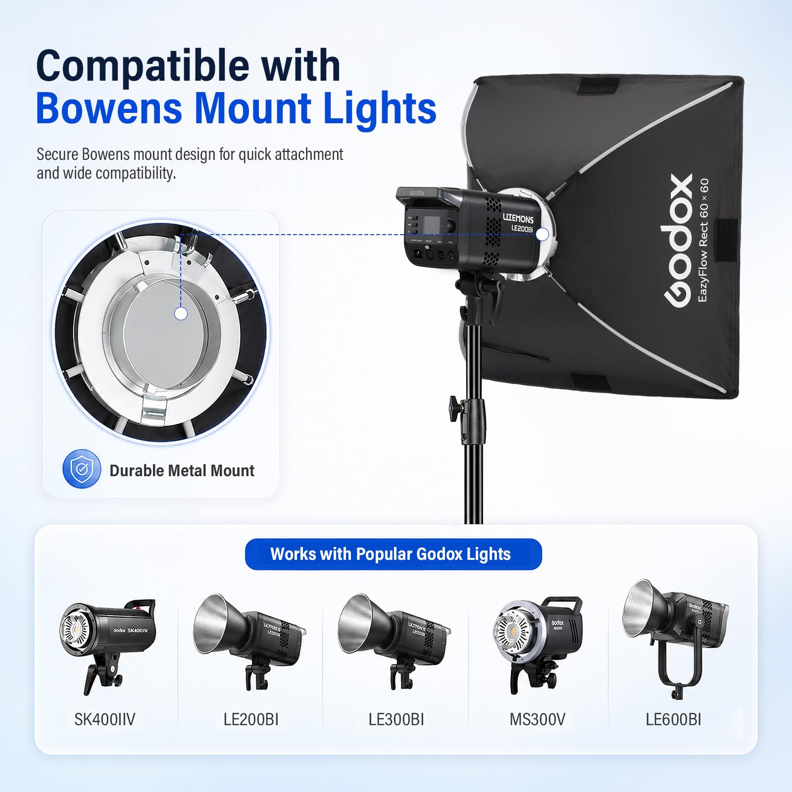 Godox EazyFlow Rect - Softbox quadrato con diffusore/griglia, 40 x 40 cm, con supporto a sgancio rapido Bowens, per luci video a LED e flash