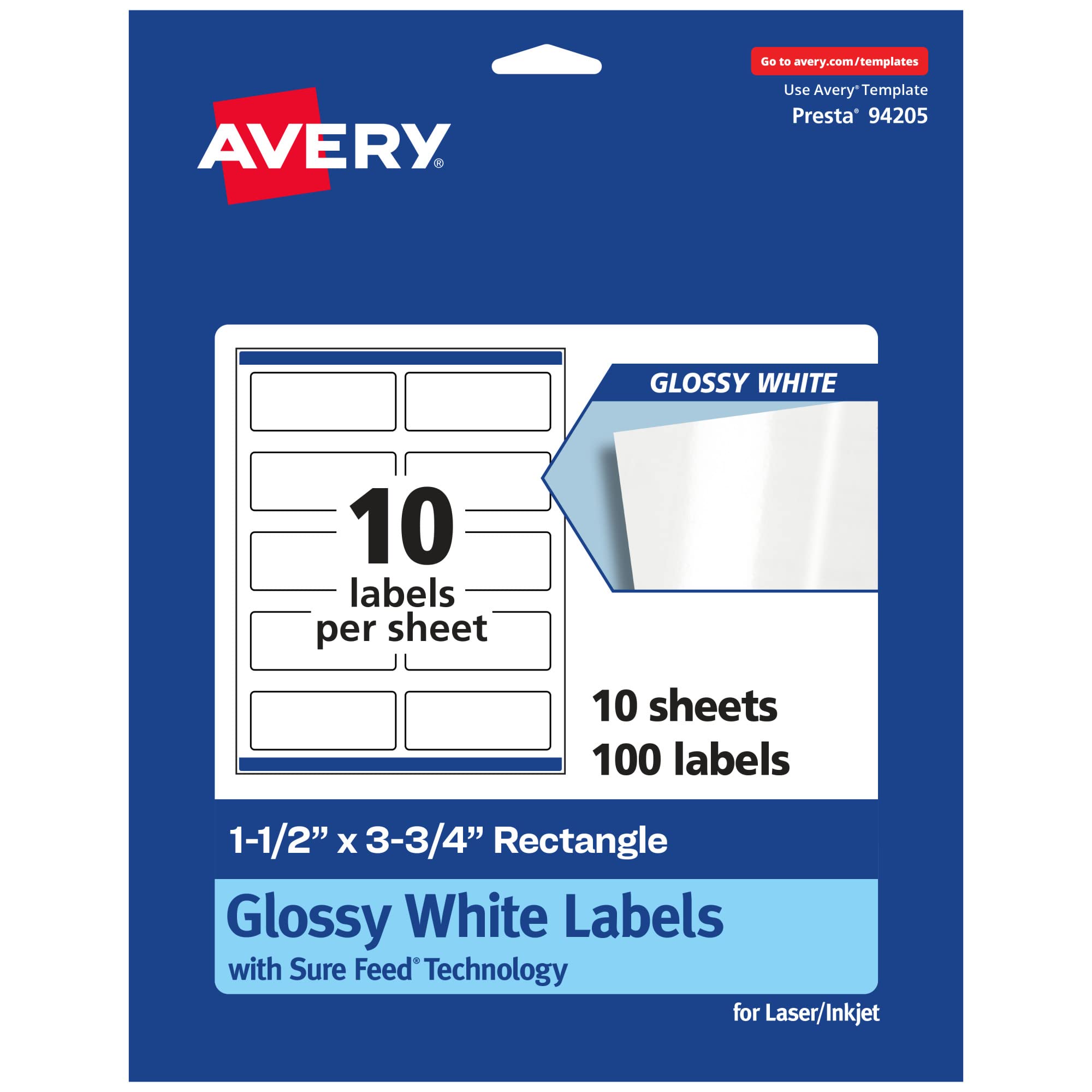 Avery Glossy White Rectangle Labels, Sure Feed Technology, 1.5" x 3.75", 100 Glossy White Labels, Print-to-The-Edge, Permanent Adhesive, Laser/Inkjet
