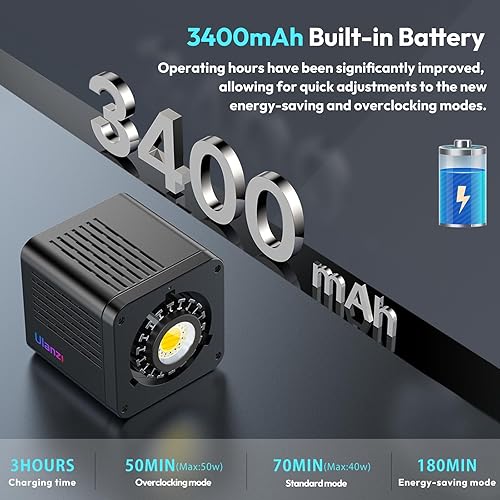 Miniatura 3 de ULANZI Luz de Video LED RGB Portátil de 40W Pro con Adaptador de Corriente DC, Batería Incorporada de 3400mAh, Mini Luz Continua COB de Metal