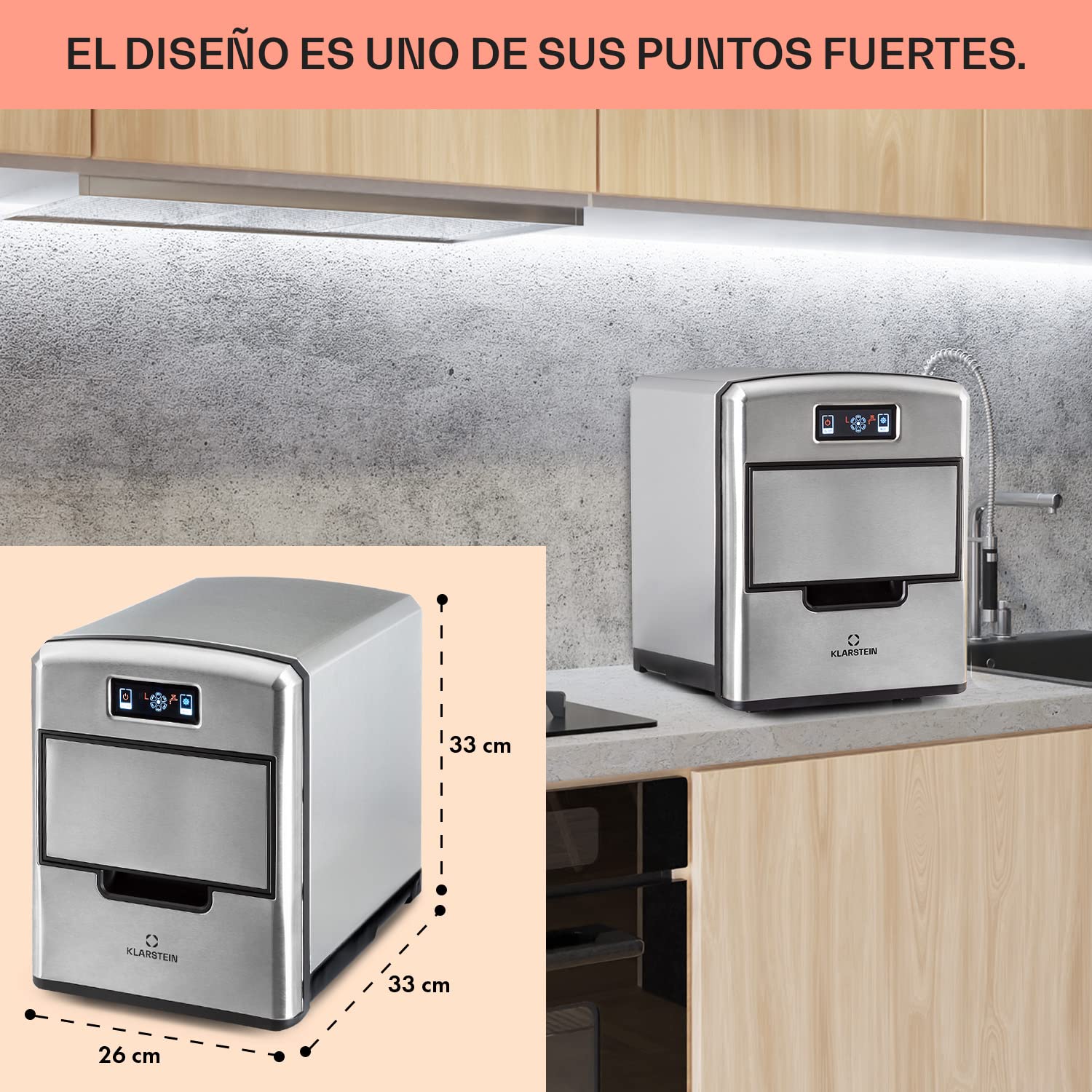 Klarstein Maquina de Hielo para Casa 2,1L, Ice Maker Encimera 12 kg, Maquina para Hacer Cubitos de Hielo 3 Tamaños, Doméstica para Casa con Panel Táctil, Aparato Cocina Fácil de Limpiar y Rápido