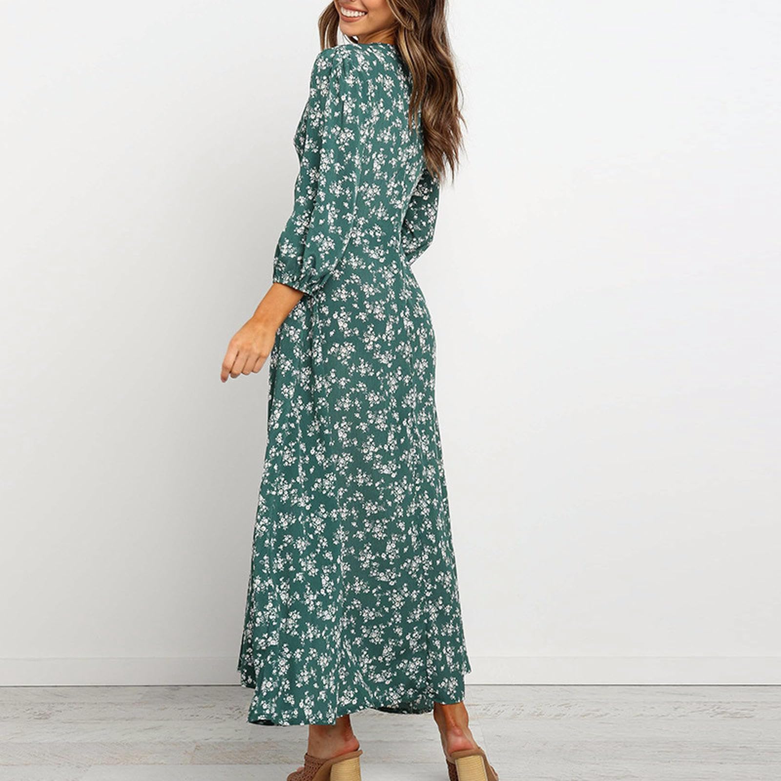 Damska Letnia Sukienka V Neck Latarka Rękawy Guziki Wysoka Talia Casual Retro Midi