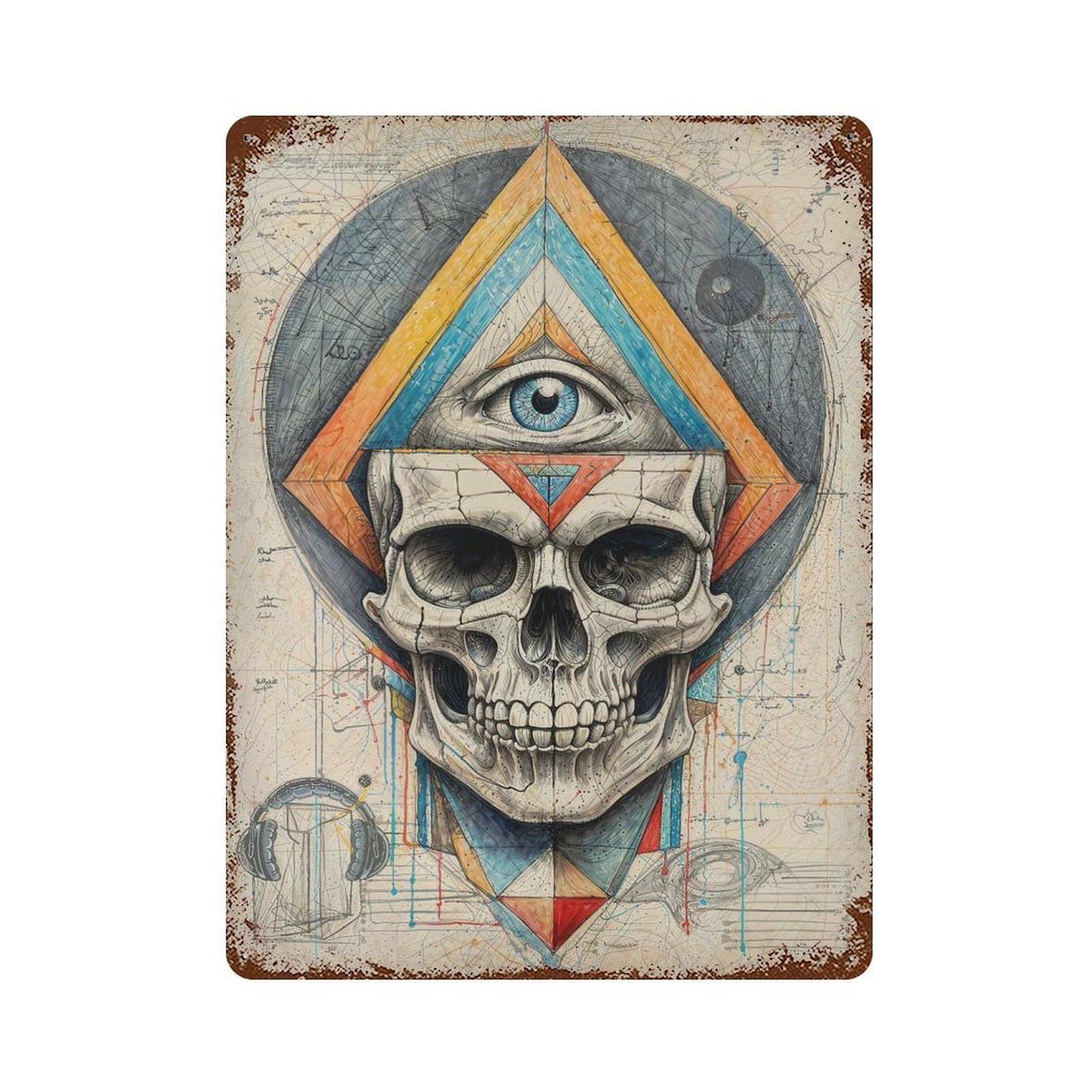 Geometric Skull Abstract Rust Effect Tin Sign 15.7"x11.8", Rustic Home Decor for Garage, Bar And Workshop Decor