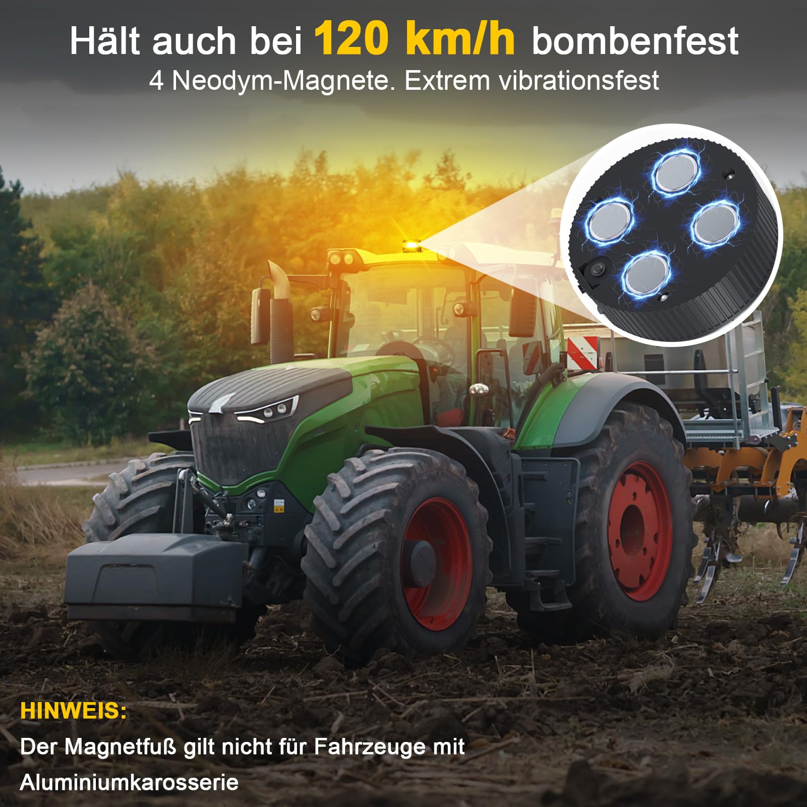 LED Rundumleuchte Akku Magnet [ECE R65 R10 Zulassung], 32 LEDs Warnleuchte Auto Orange & Weißes Arbeitslicht, IP67 Wasserdicht, 8 Blitzmodi für Traktor, LKW, Gabelstapler, Anhänger & Pannenhilfe