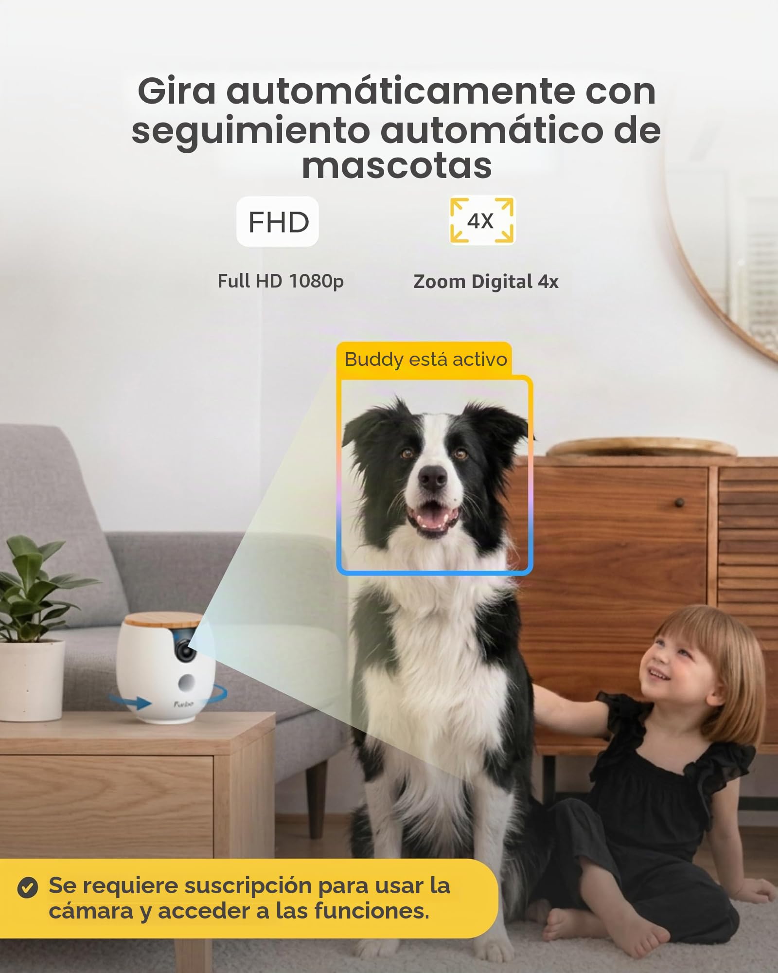 Furbo Mini cámara de 360º para mascotas, desbloquea la cámara inteligente y las funciones inteligentes con plan de pago: seguridad para el hogar y alertas de seguridad para perros y gatos, dispensador