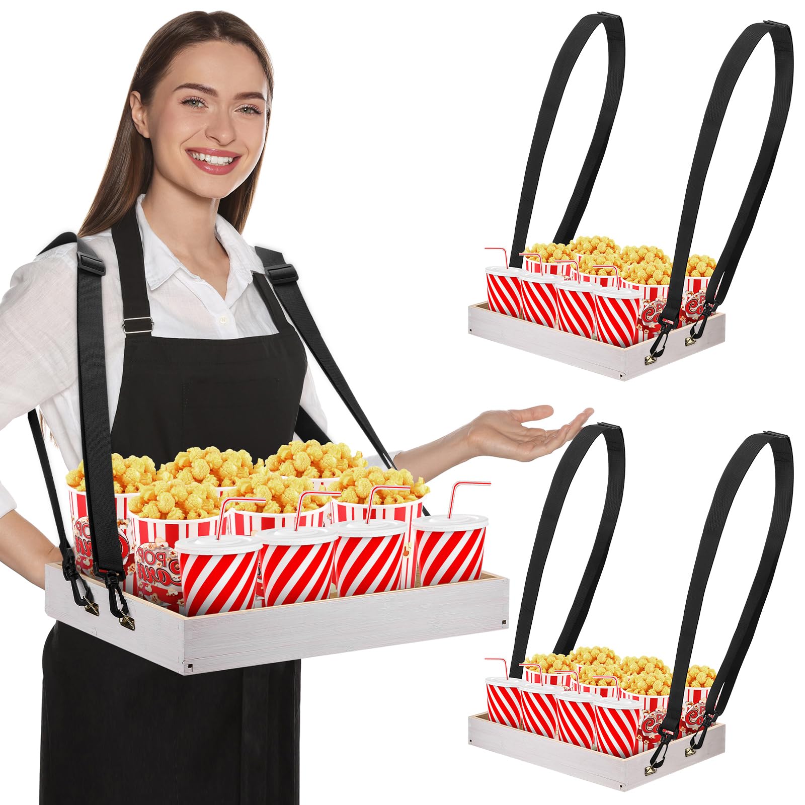 Marsui 2 vassoi in legno per snack con cinghia, 38 x 28 x 5 cm, vassoi per snack e bevande, per feste a tema anni '20, accessori per carnevale, oggetti di scena per adulti (bianco)