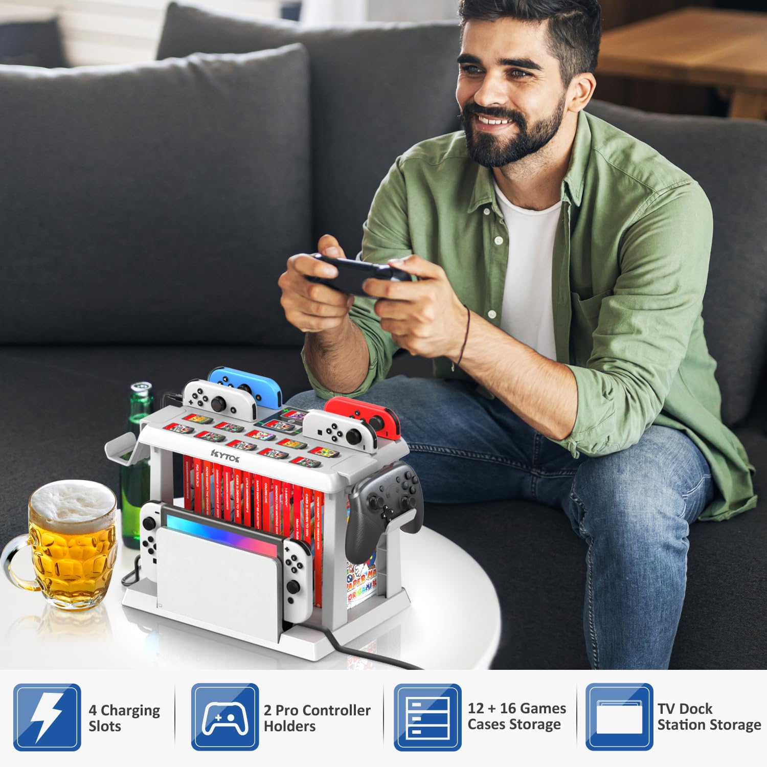 Kytok Supporto al Gioco Torre per Nintendo Switch/OLED, Caricatore per Joycon Switch & Supporto Accessori da Gioco Switch, Multifunzionale Switch Organizer per Gioco, Controller Pro e TV Dock