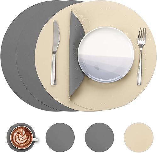 Miniatura 19 de Myir JUN Juego de 4 manteles individuales redondos de cuero sintético y posavasos 38 cm de diámetro para mesa redonda, manteles individuales de Gris