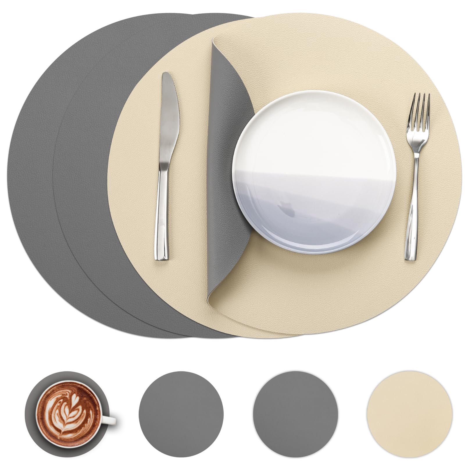 Myir JUN Tischsets 6er Set, Tischsets Abwaschbar Platzsets Rund Ø 38cm Platzdeckchen Rund Doppelseitigen rutschfest Platzsets Kunstleder Leder Tischset Lederoptik