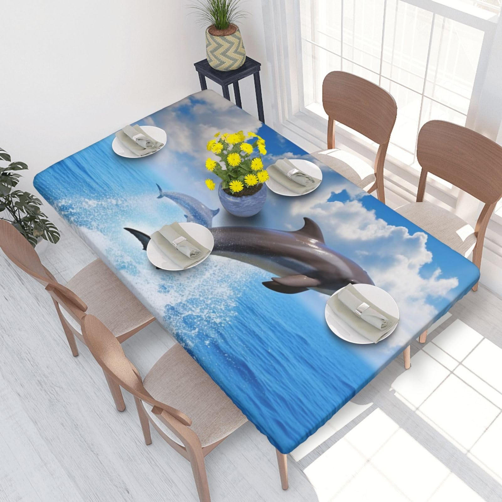 DCARSETCV Unique 3D Animal dolphin Printed 4FT Waterproof Tablecloth with Elastic Edged Protect & Decor Your Table, Oil-proof Washable Table Cloth Cover for Dinner Picnic Party