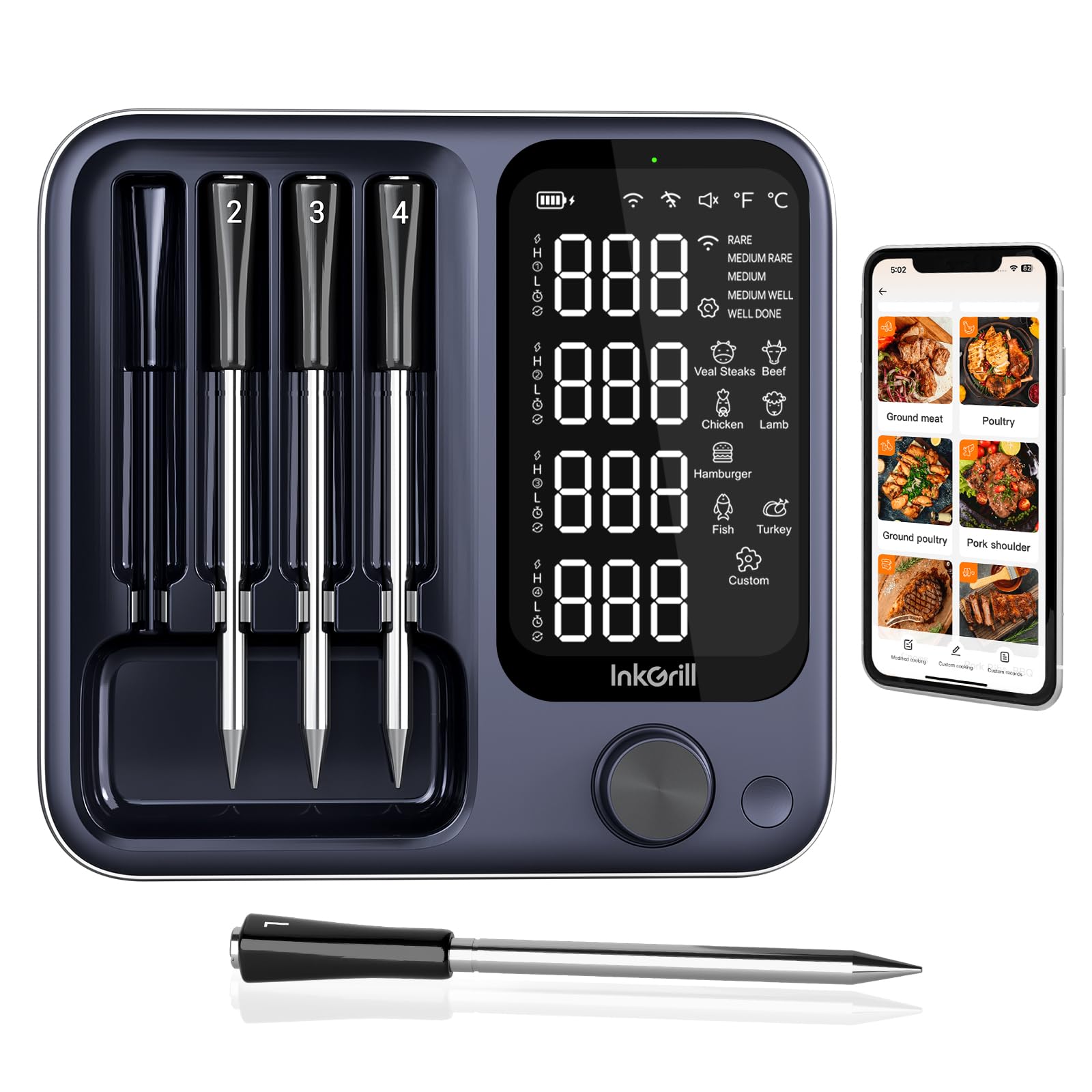 Wireless Meat Thermometer Digital with 4 Probes & IP67 Waterproof，2 Sensors in 1 Probe, WiFi Unlimited Range Real Time Monitoring Smart Meat Thermometer for Cooking, BBQ, Grill, Oven, Smoker