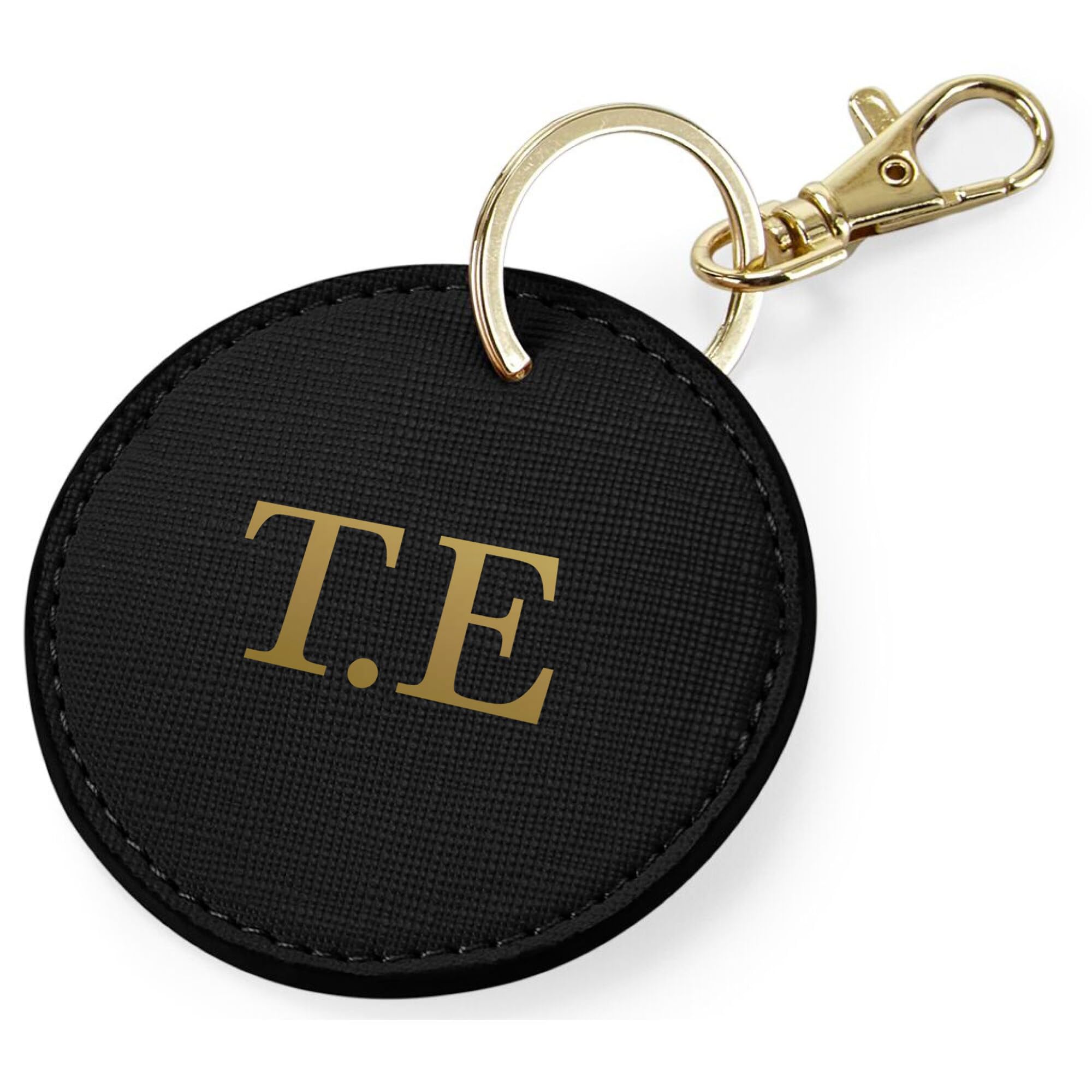 eBuyGB Personalised Round Initial Keyring, Bag Tag PU Leather Keychain, Monogram Key Ring, Luggage Tags, Party Bag Filler, Bridesmaid Gifts (Black)