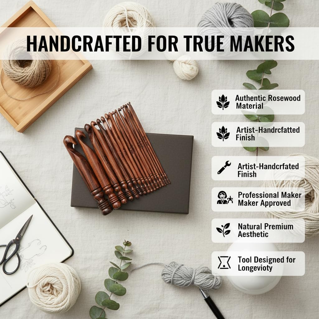 Wooden Crochet Hooks for Arthritic Hands - Ergonomic Soft Grip Handles with Engraved Sizes(3.5mm-25mm) - Rosewood Crochet Hook Set of 15 - for Chunky Yarns Crocheting - Gift for Her(Hooks Only)