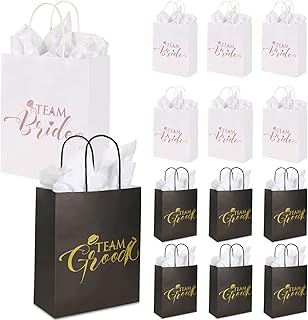12 Pcs Bridal Party Gift Bags and 12 Tissue Paper Sets Team Bride and Team Groom Wedding Favor Bags Bridesmaid Gift Wrap Bags for Wedding Proposal Bridal Shower Gold and Rose Gold Foiled with Handle