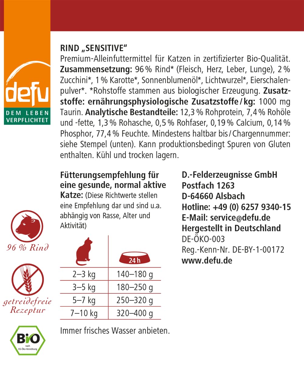 defu Katzenfutter | 12 x 410 g | Pate Bio Rind Sensitive | Premium Bio Alleinfuttermittel nass für Katzen